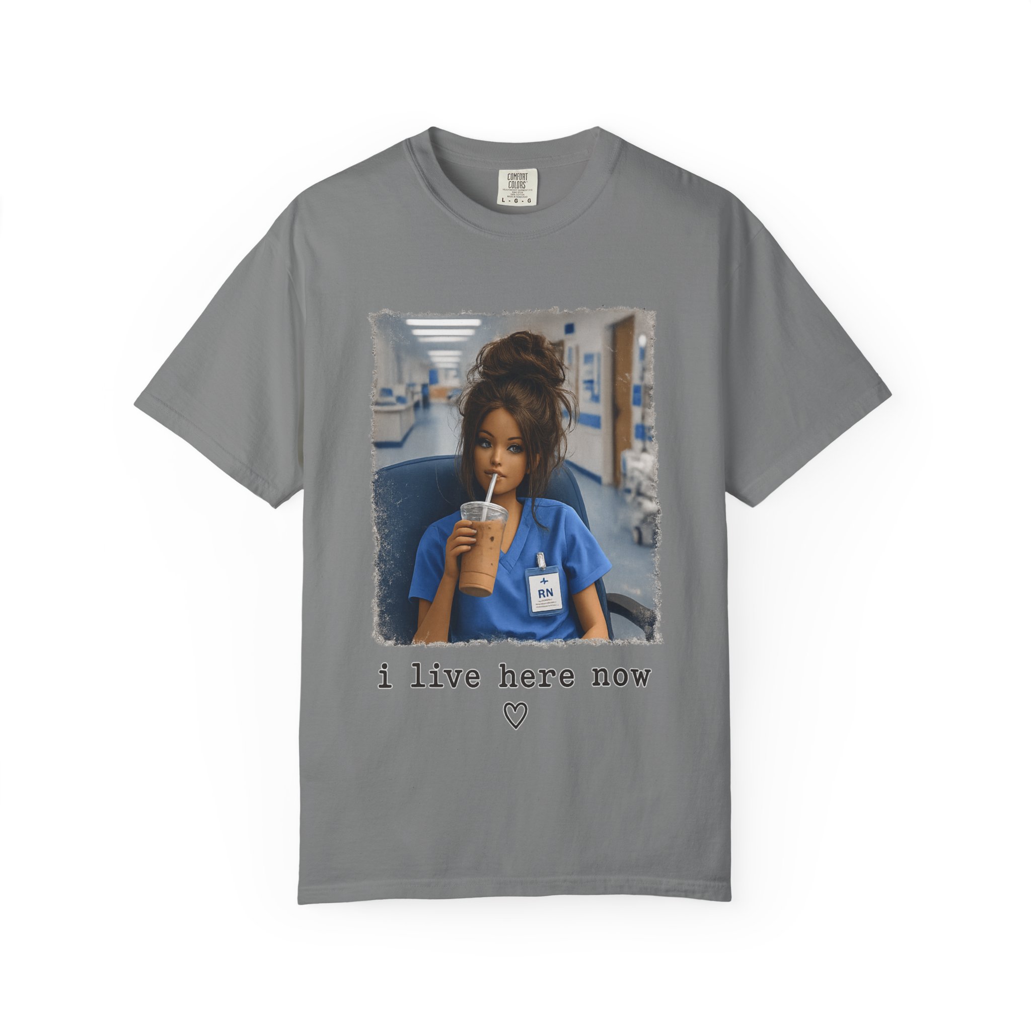 Funny RN Nurse Shirt - I Live Here Now Iced Coffee Comfort Colors Graphic Tee - Image 7
