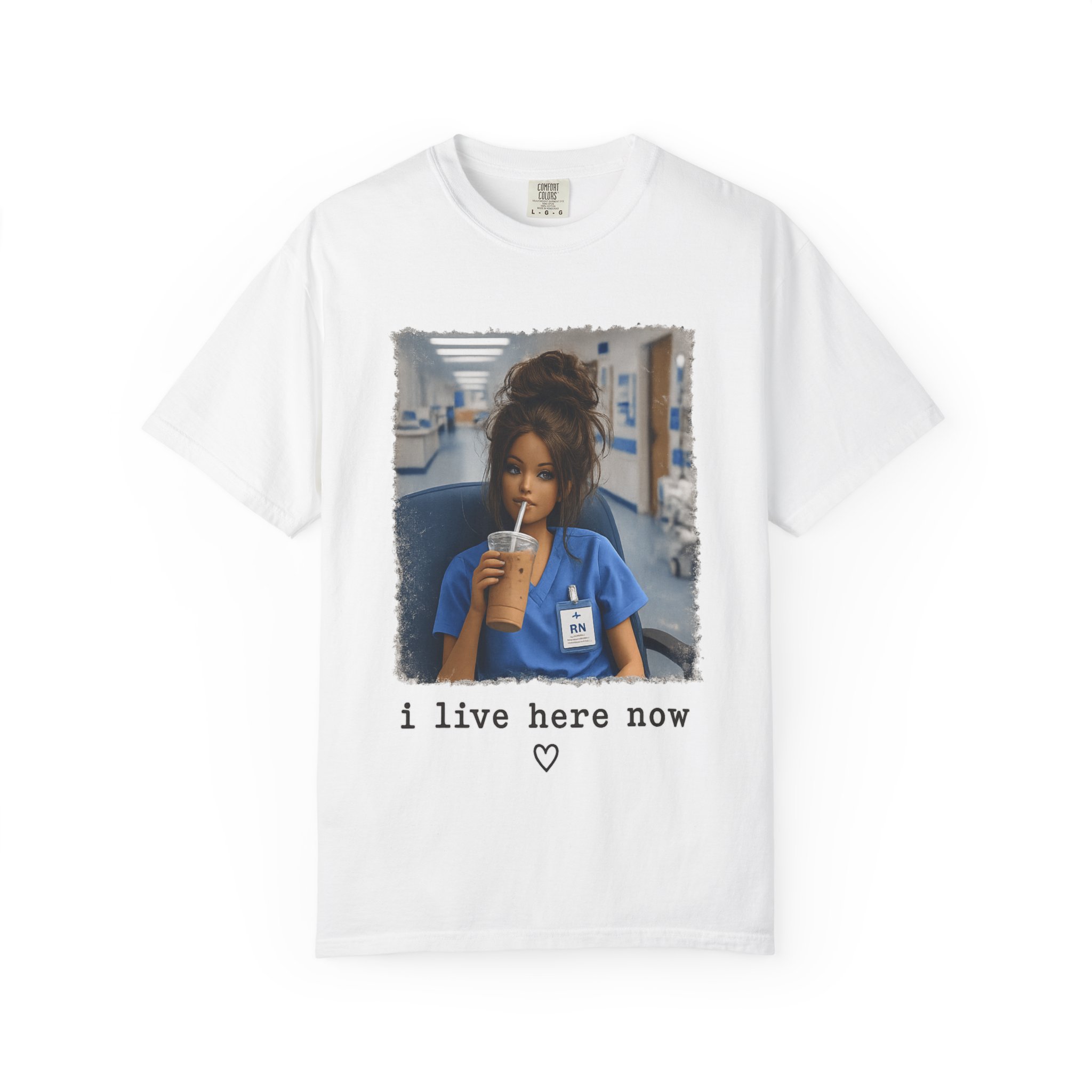 Funny RN Nurse Shirt - I Live Here Now Iced Coffee Comfort Colors Graphic Tee - Image 2