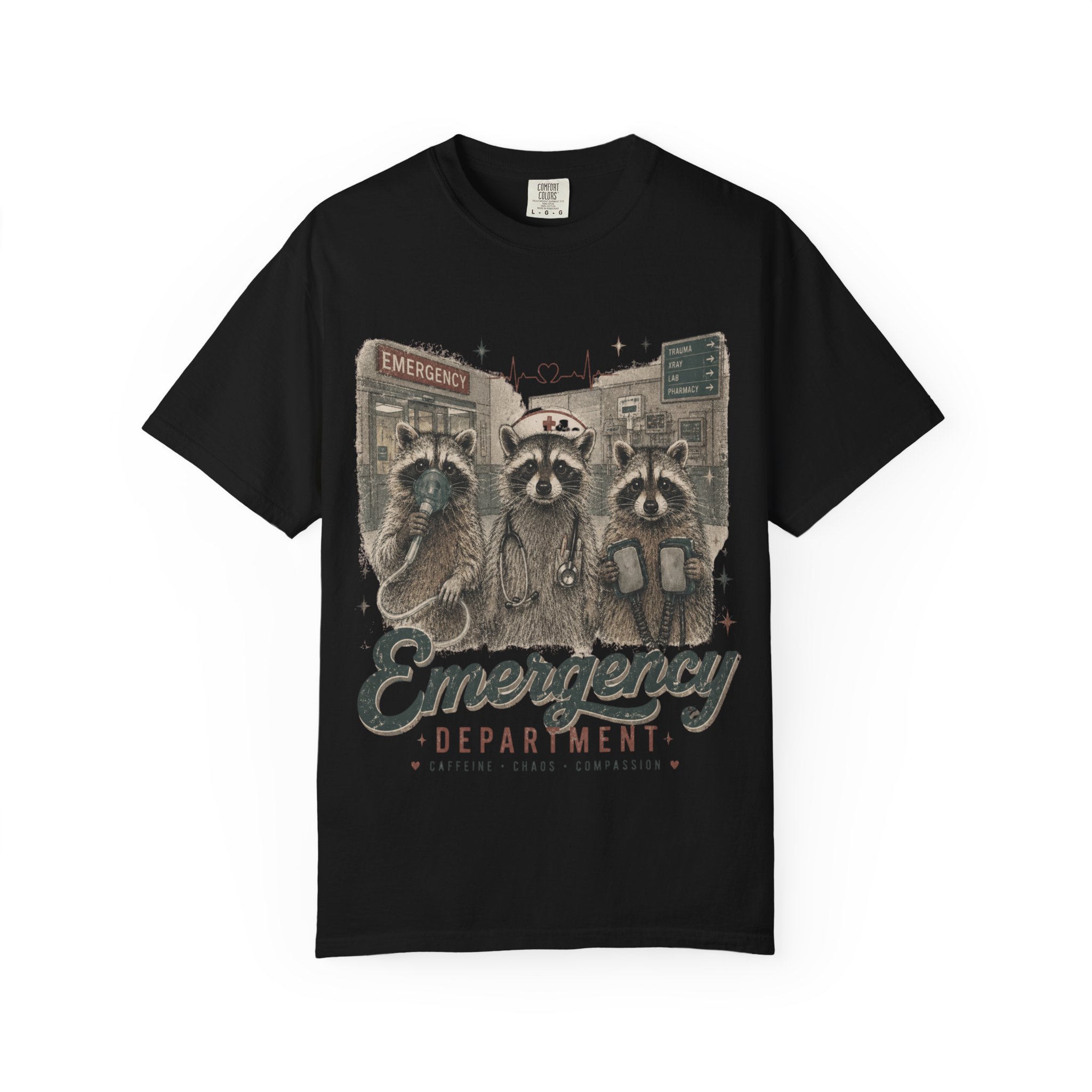 Emergency Department Raccoon Nurse T-Shirt – Funny ER Healthcare Worker Graphic Tee - Image 13