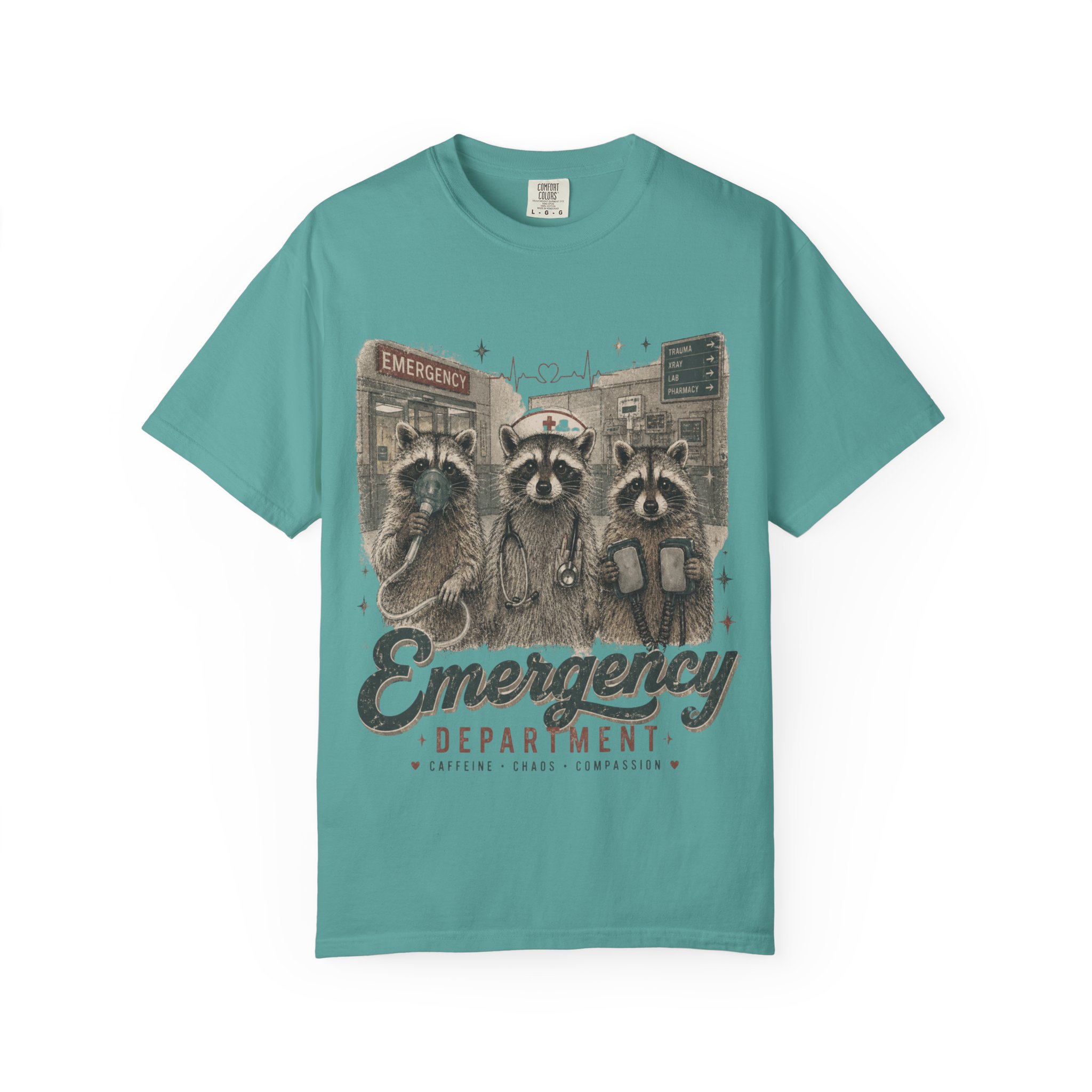 Emergency Department Raccoon Nurse T-Shirt – Funny ER Healthcare Worker Graphic Tee - Image 12