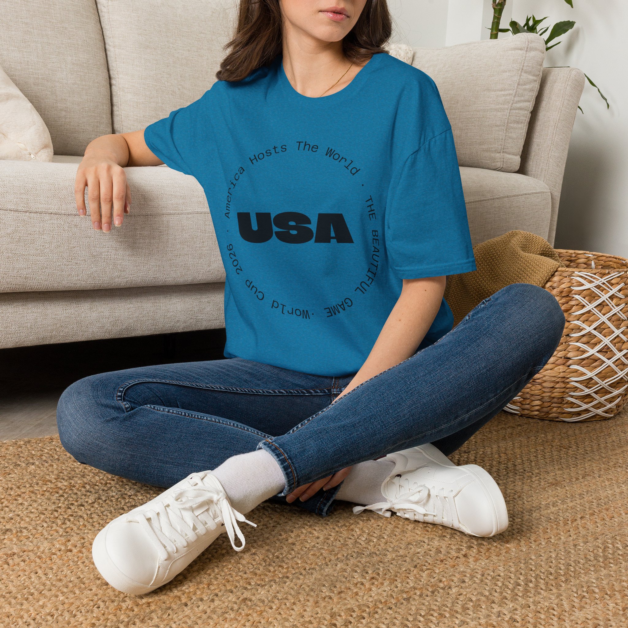 USA Graphic T‑Shirt — 'America Hosts The World' Circular Text Patriotic Tee - Image 23