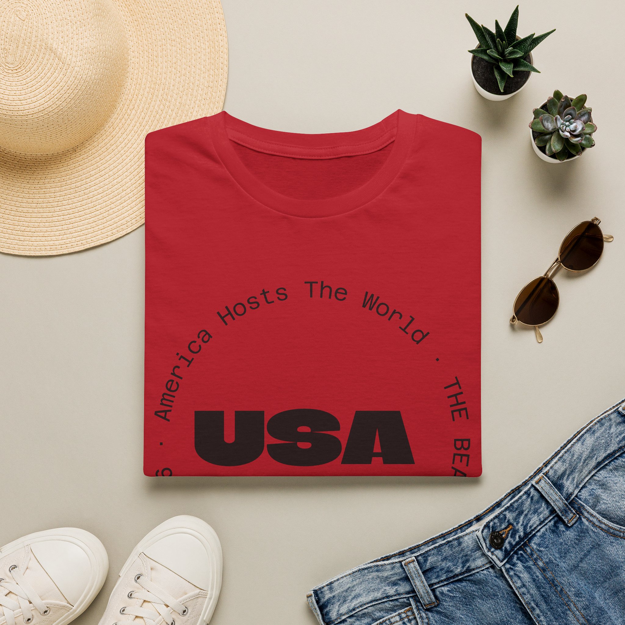 USA Graphic T‑Shirt — 'America Hosts The World' Circular Text Patriotic Tee - Image 34
