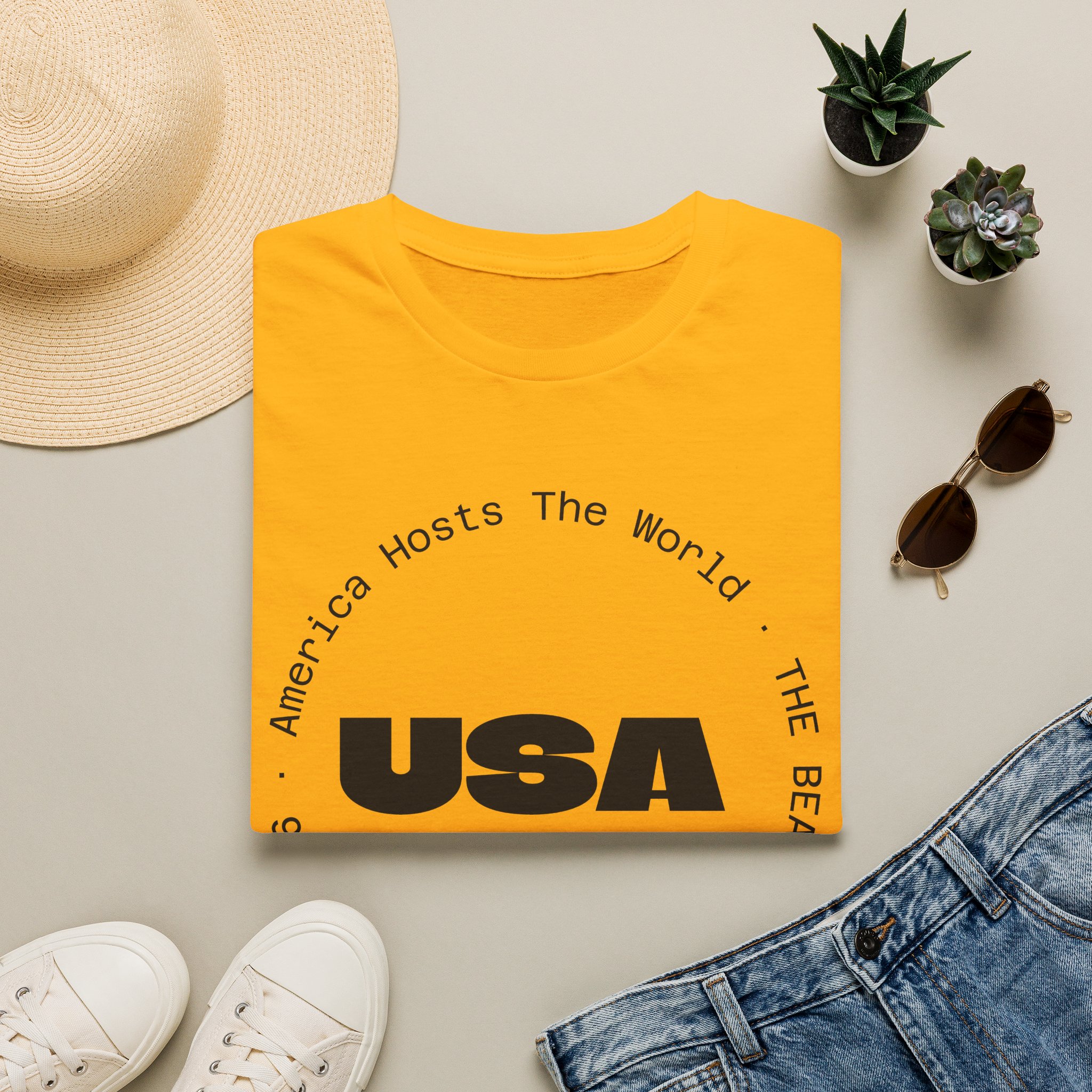 USA Graphic T‑Shirt — 'America Hosts The World' Circular Text Patriotic Tee - Image 10