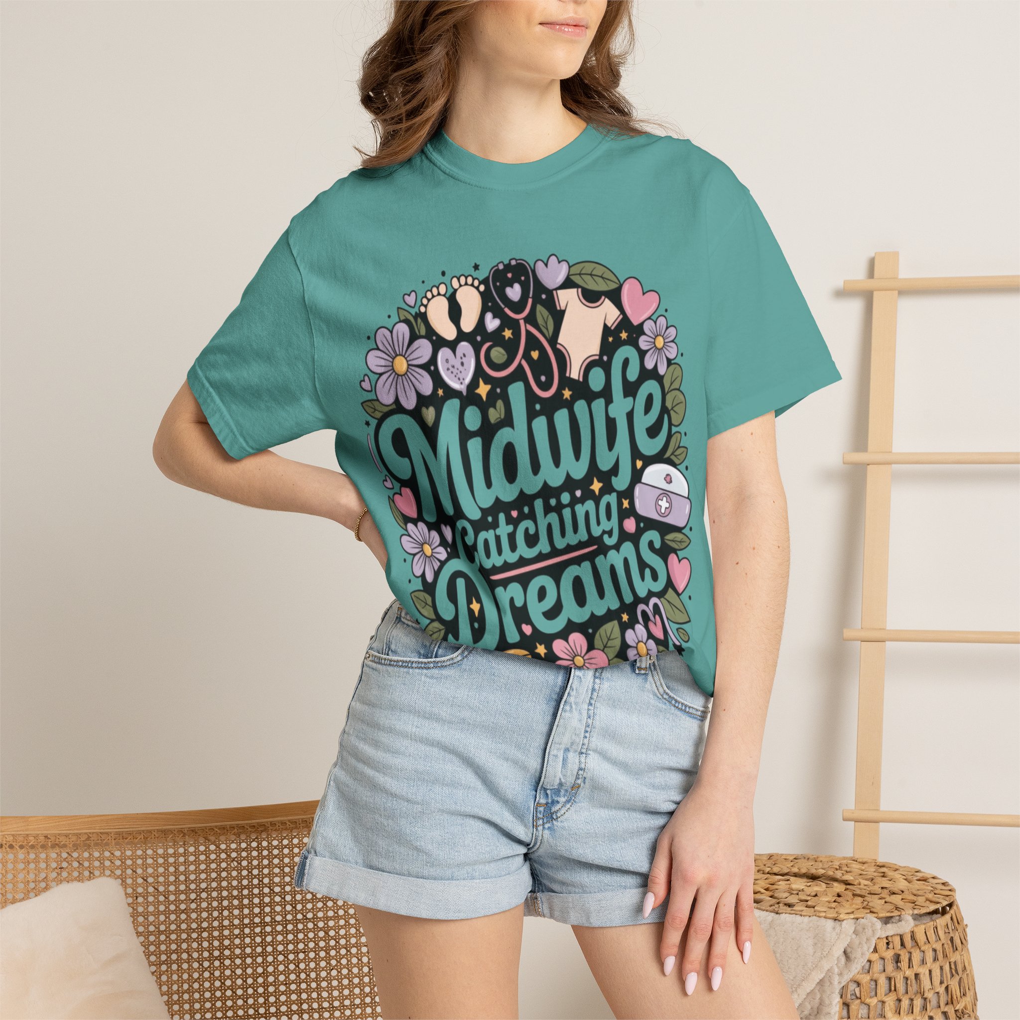 Midwife Catching Dreams T-Shirt — Floral Nurse Midwifery Tee - Image 15