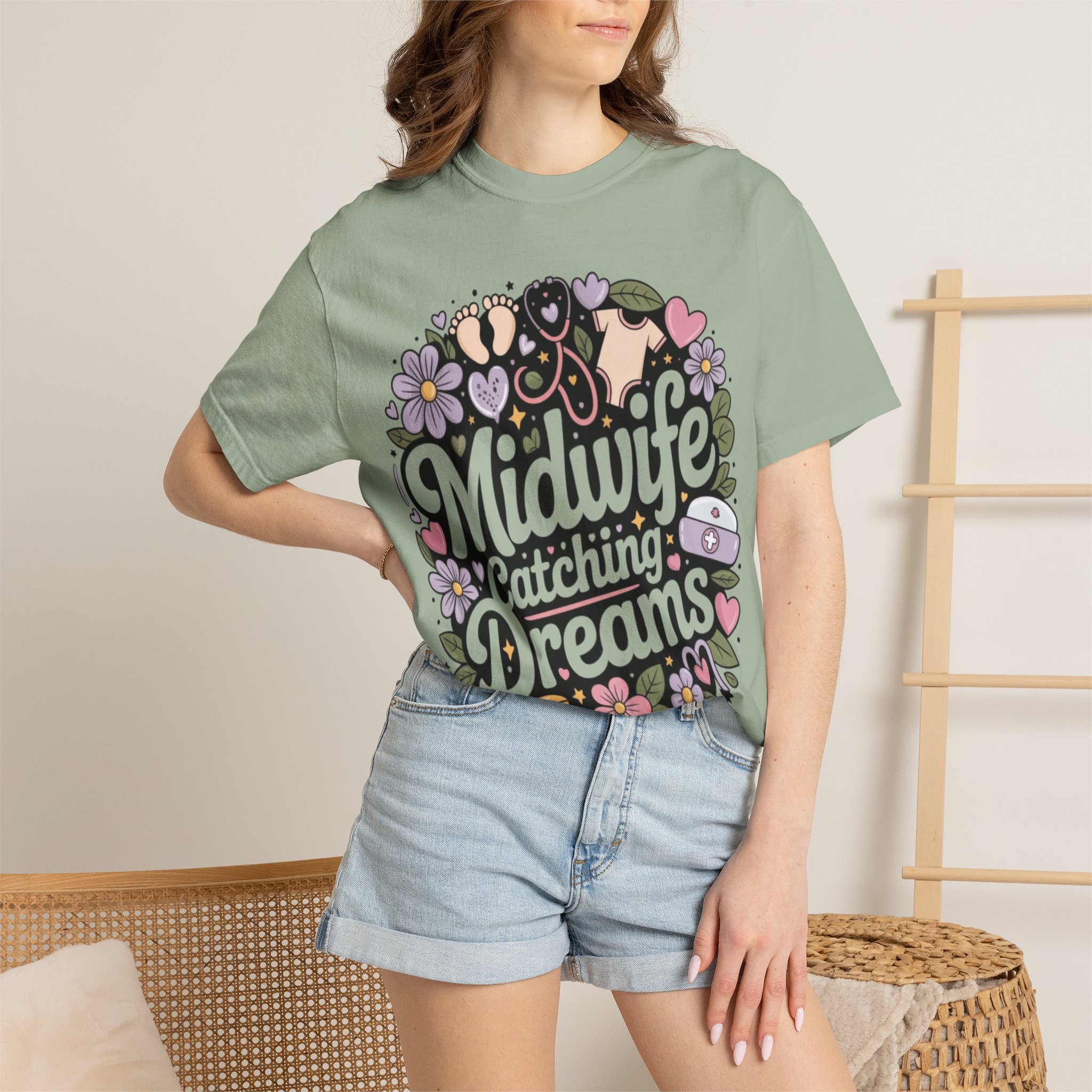 Midwife Catching Dreams T-Shirt — Floral Nurse Midwifery Tee - Image 12