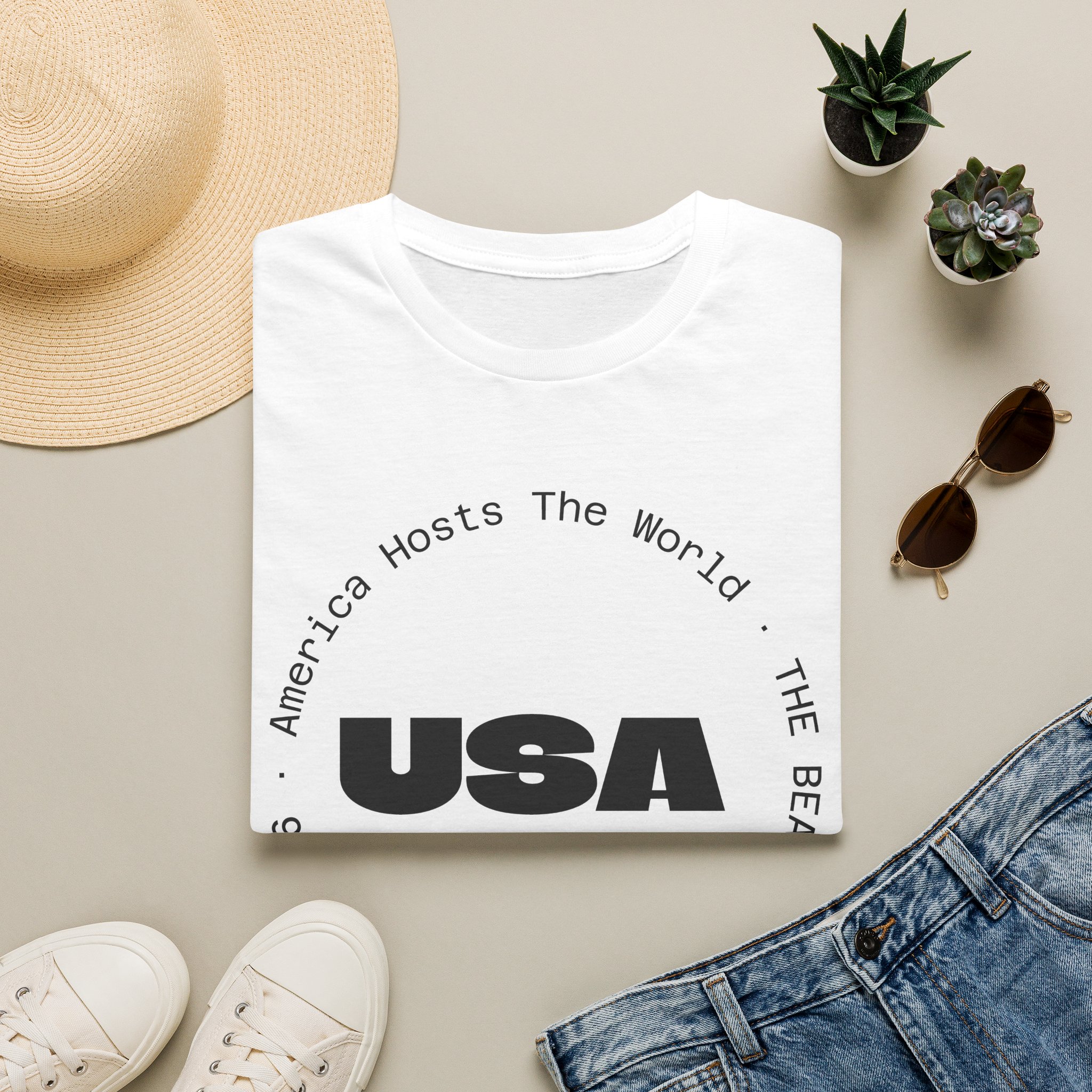 USA Graphic T‑Shirt — 'America Hosts The World' Circular Text Patriotic Tee