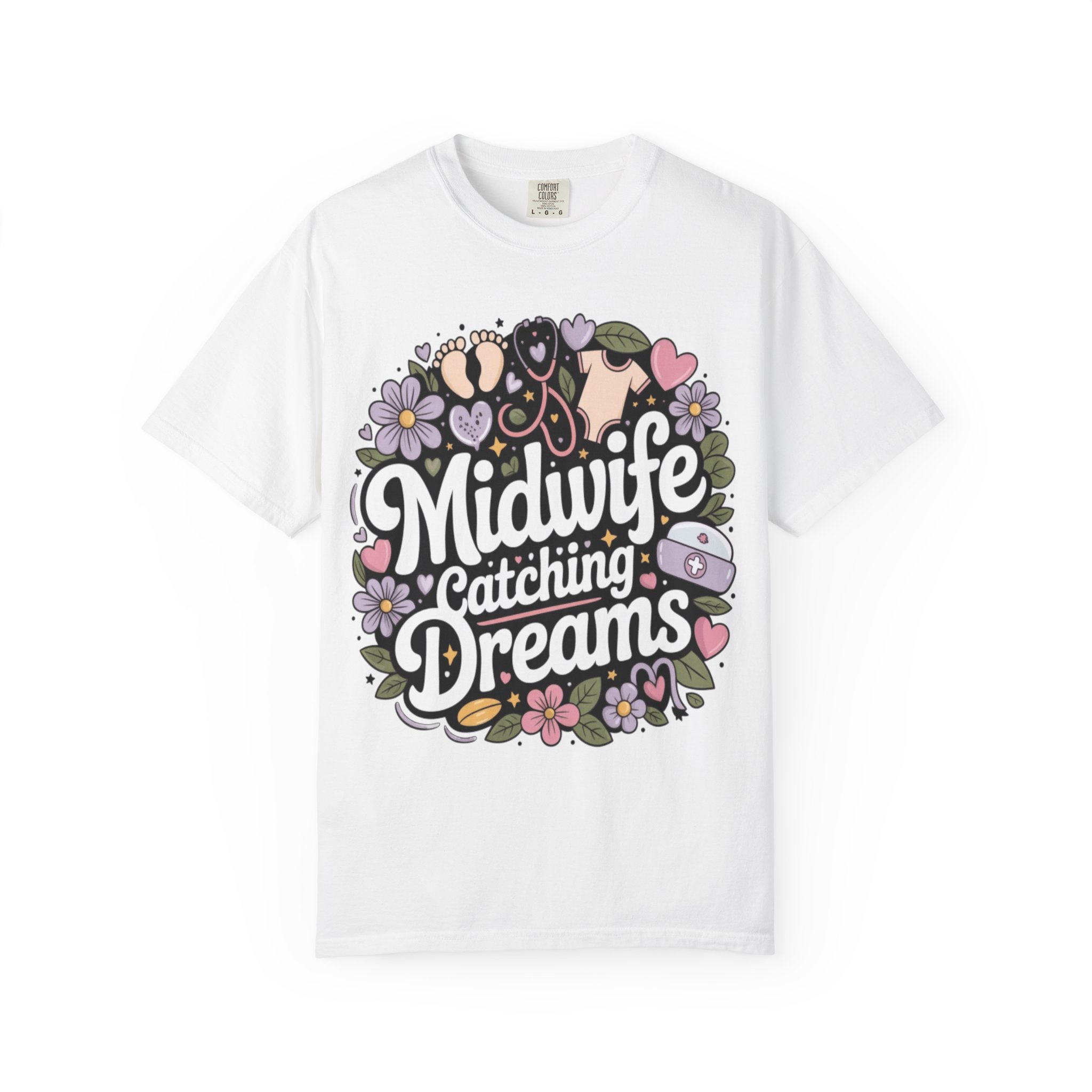 Midwife Catching Dreams T-Shirt — Floral Nurse Midwifery Tee - Image 2