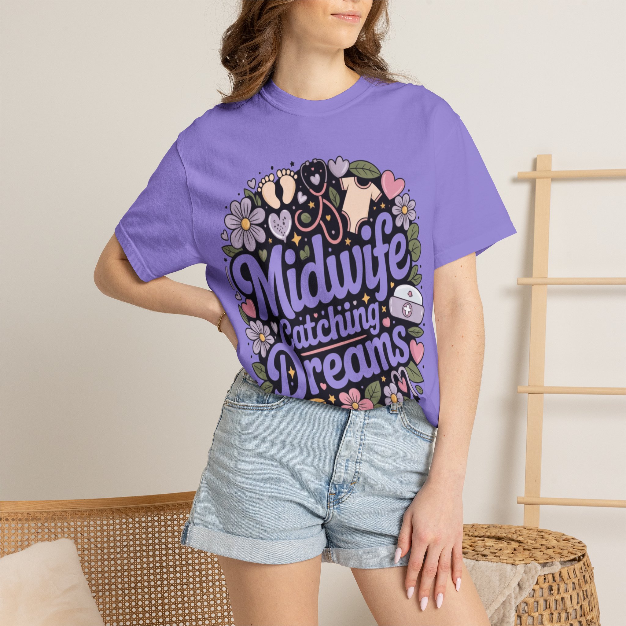 Midwife Catching Dreams T-Shirt — Floral Nurse Midwifery Tee - Image 21
