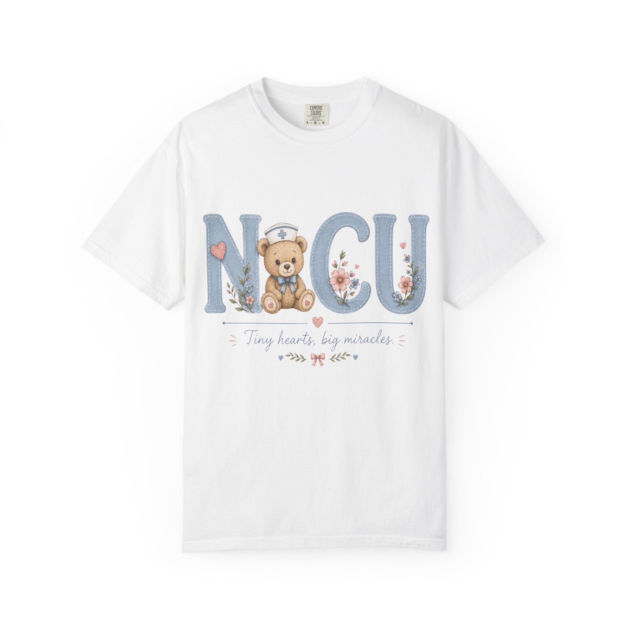 NICU Nurse Shirt Comfort Colors 1717 | Tiny Hearts Big Miracles Teddy Bear Tee | Neonatal Care Unit Gift | Hospital RN Graphic Apparel - Image 2