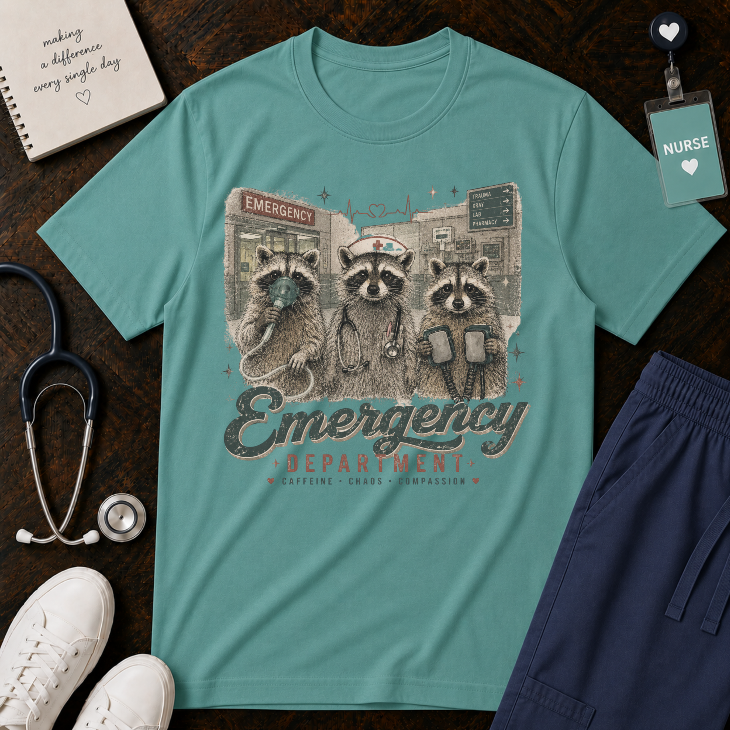 Emergency Department Raccoon Nurse T-Shirt – Funny ER Healthcare Worker Graphic Tee