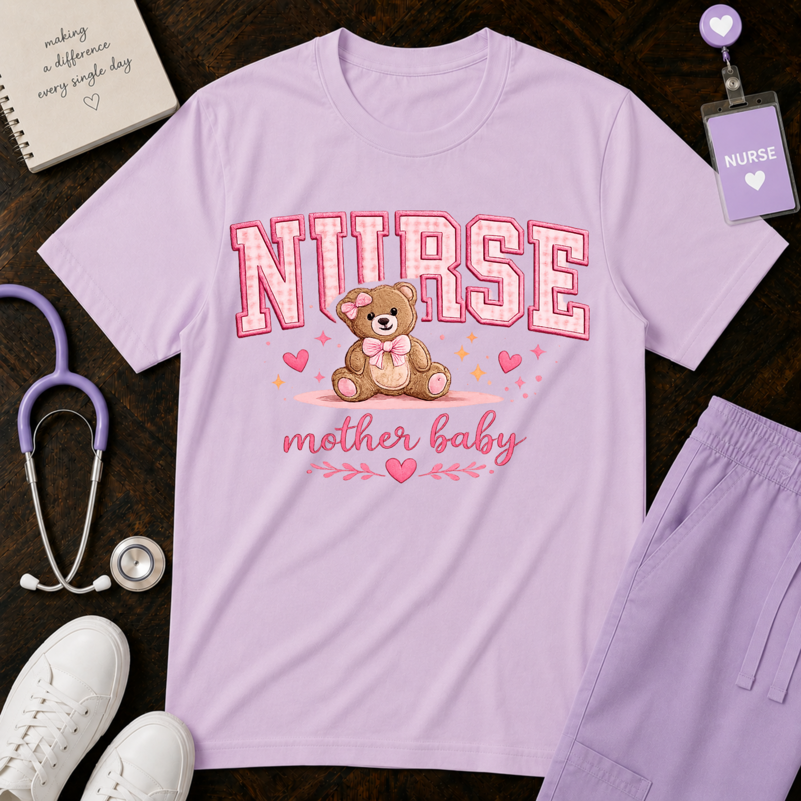 Mother Baby Nurse Shirt - Cute Teddy Bear Postpartum Comfort Colors Graphic Tee