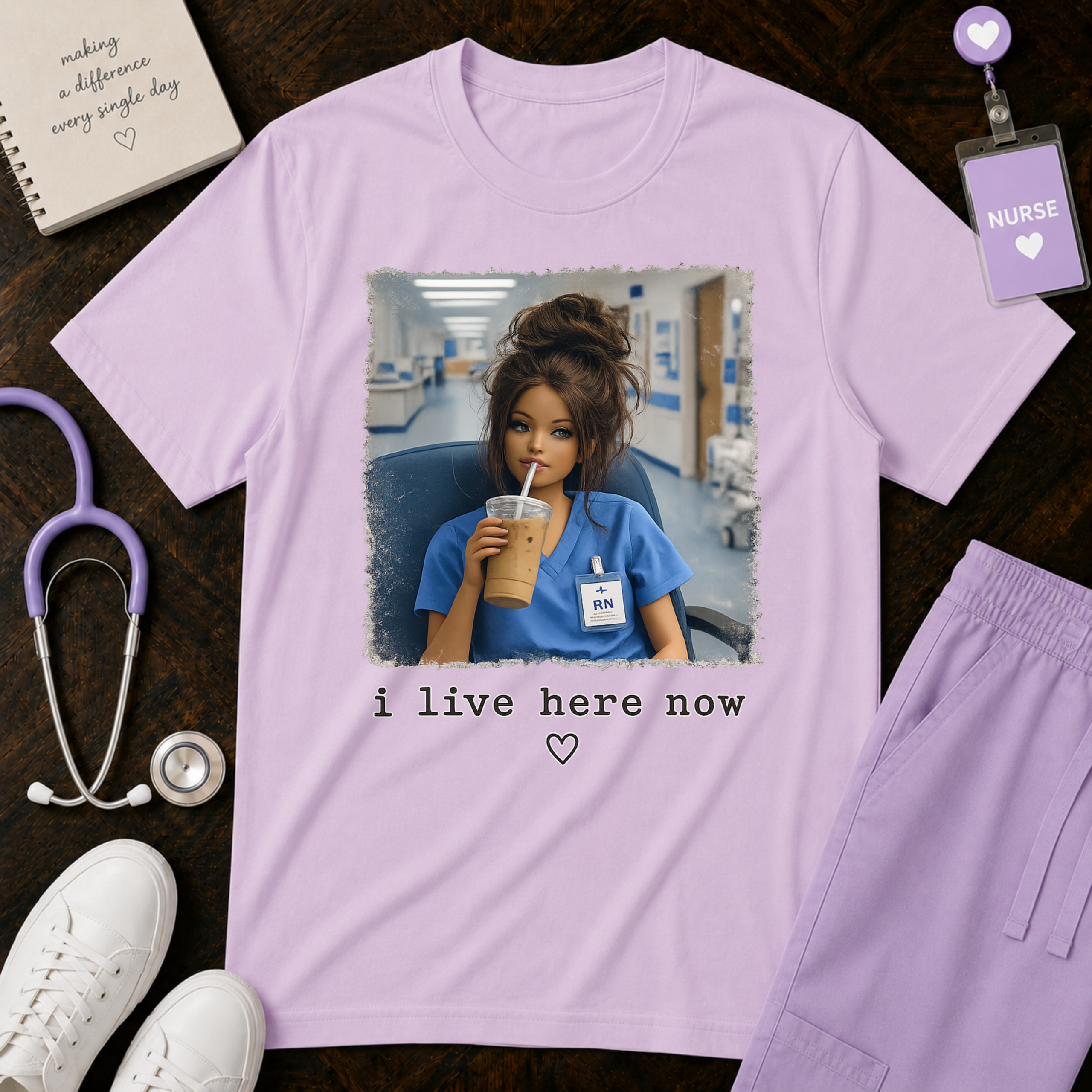 Funny RN Nurse Shirt - I Live Here Now Iced Coffee Comfort Colors Graphic Tee