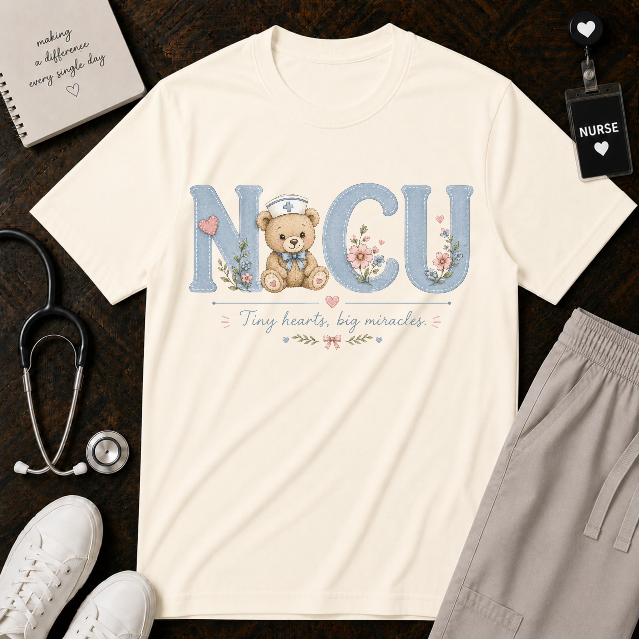 NICU Nurse Shirt Comfort Colors 1717 | Tiny Hearts Big Miracles Teddy Bear Tee | Neonatal Care Unit Gift | Hospital RN Graphic Apparel