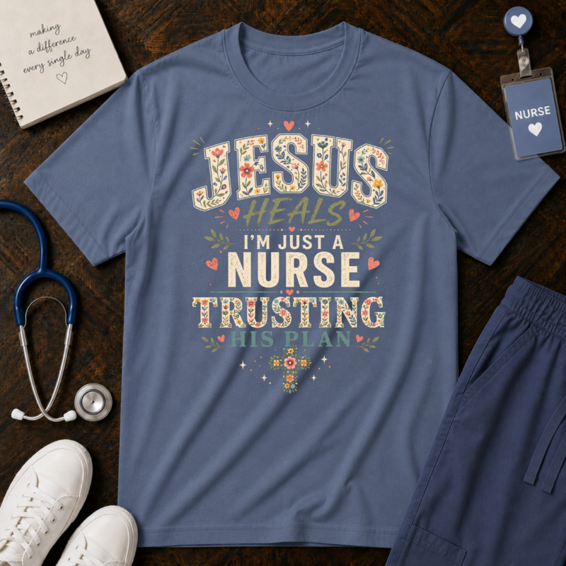 Jesus Heals I'm Just a Nurse Trusting His Plan: Faith-Based Nursing Design with Floral Typography, Vintage Religious Healthcare