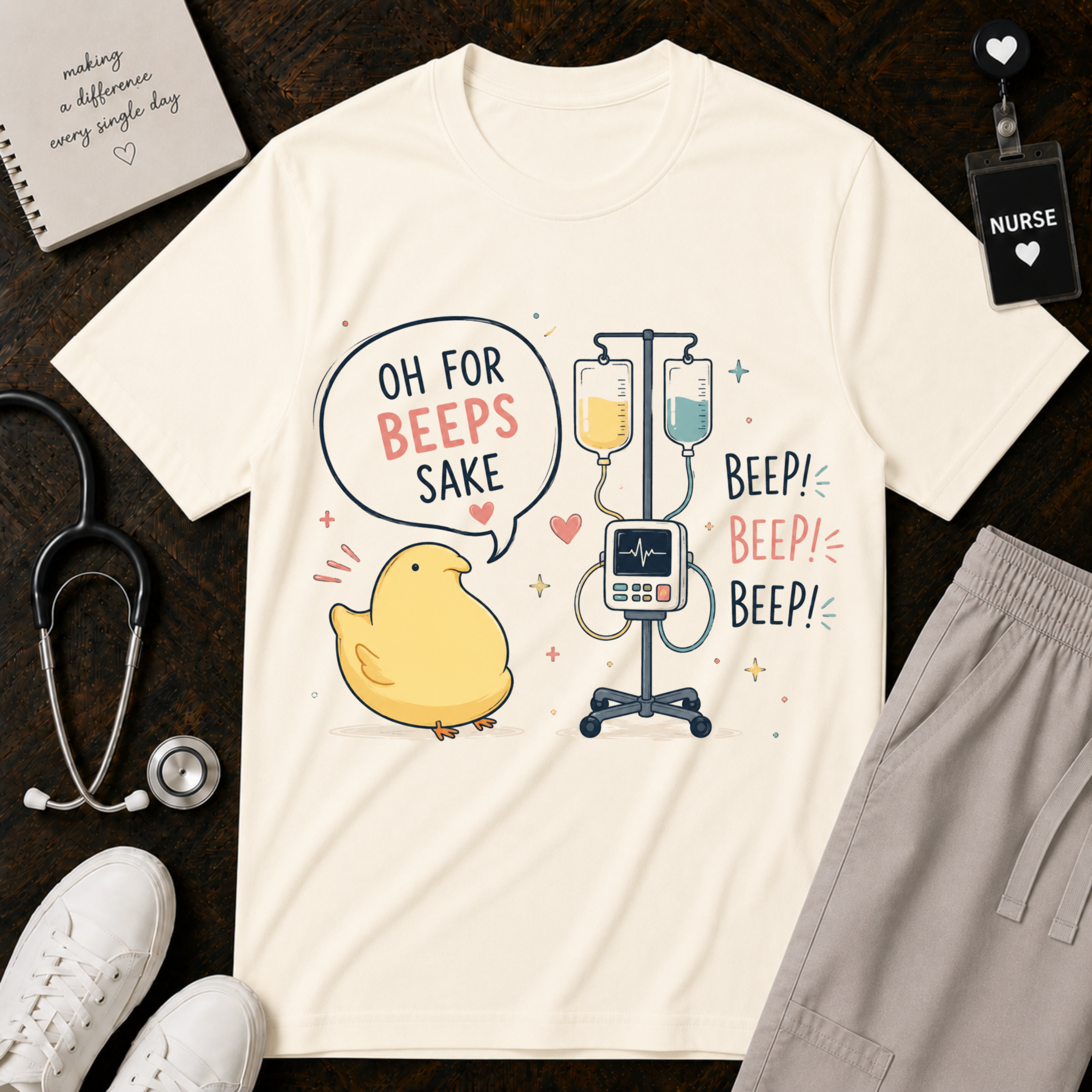 Oh for Beeps Sake: Cute Cartoon Chick with Medical Equipment Pun, Whimsical Healthcare Humor Illustration