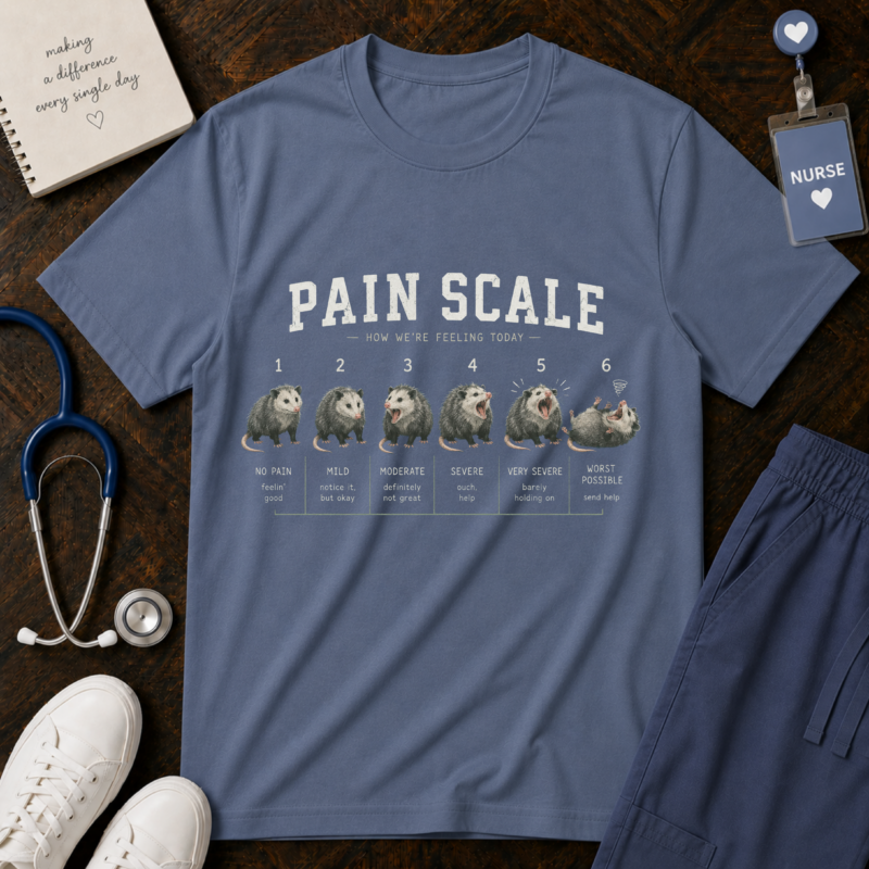 Opossum Pain Scale: Humorous Medical Chart, Whimsical Animal Illustration, Relatable Healthcare Meme