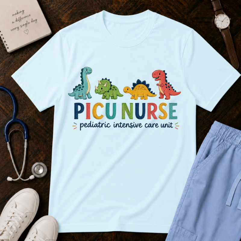 PICU Nurse Shirt Comfort Colors 1717 | Cute Dinosaur Pediatric ICU Gift | Neonatal Intensive Care Unit Tee | Hospital RN Graphic Apparel