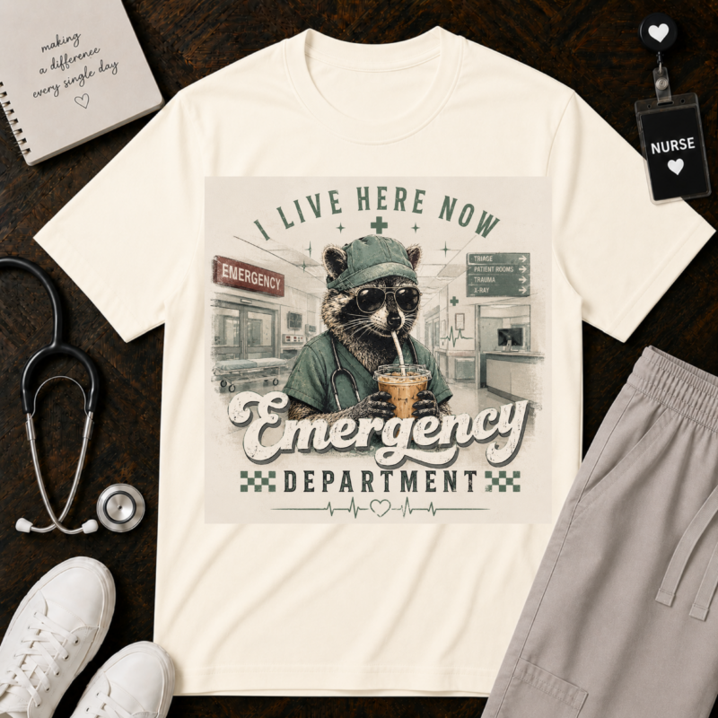 I Live Here Now: Emergency Department Raccoon Illustration, Vintage Mid-Century Medical Humor Art