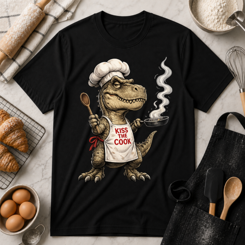 Kiss the Cook Dinosaur Chef Dinosaur Funny Dinosaur T-Shirt
