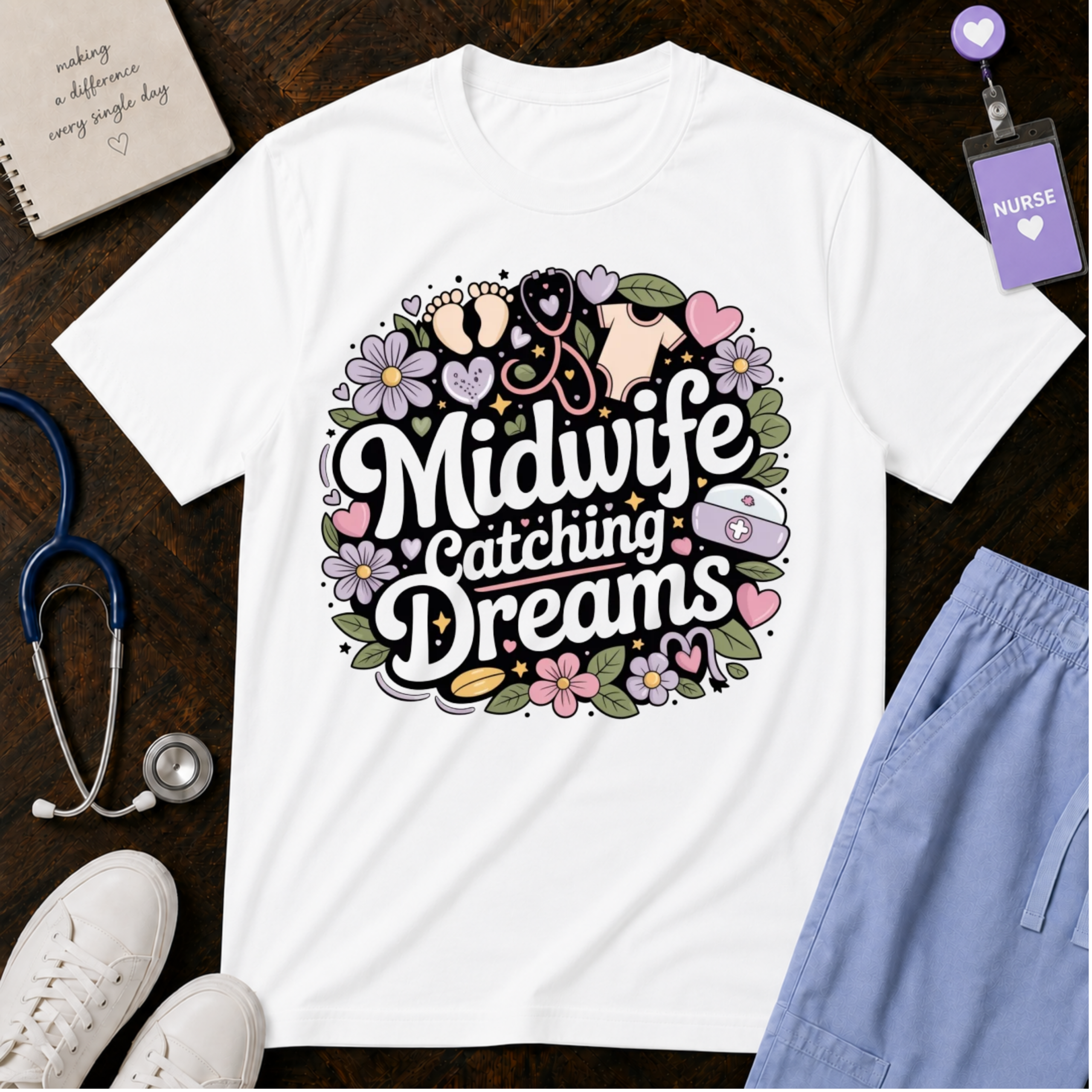 Midwife Catching Dreams T-Shirt — Floral Nurse Midwifery Tee
