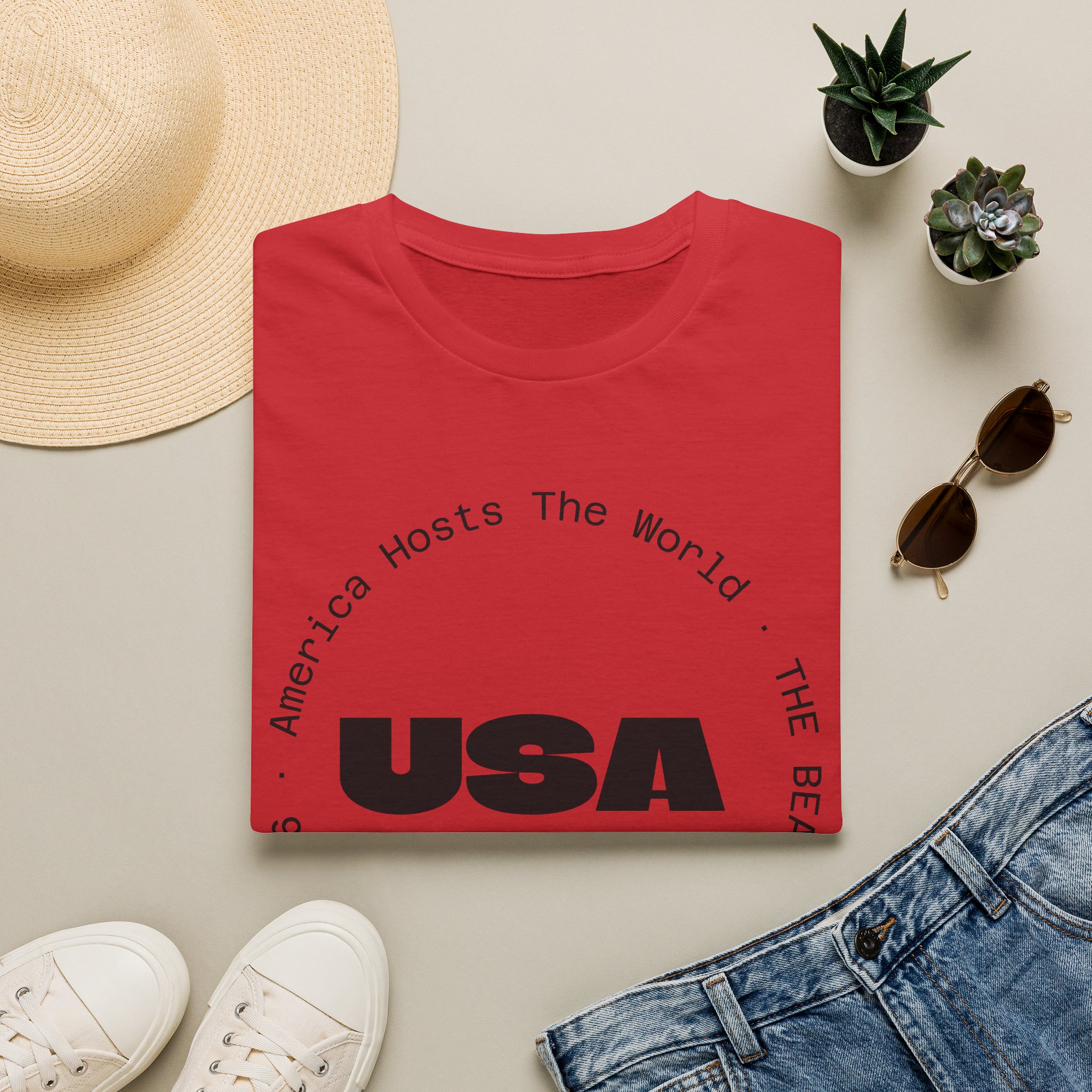 USA Graphic T‑Shirt — 'America Hosts The World' Circular Text Patriotic Tee - Image 30