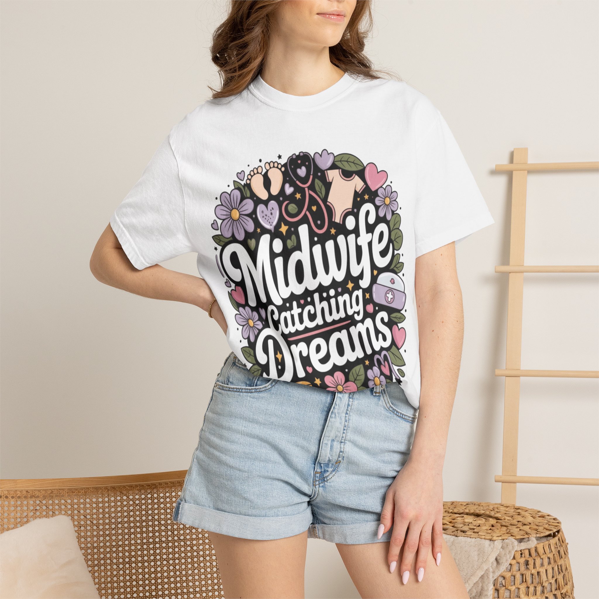 Midwife Catching Dreams T-Shirt — Floral Nurse Midwifery Tee - Image 4