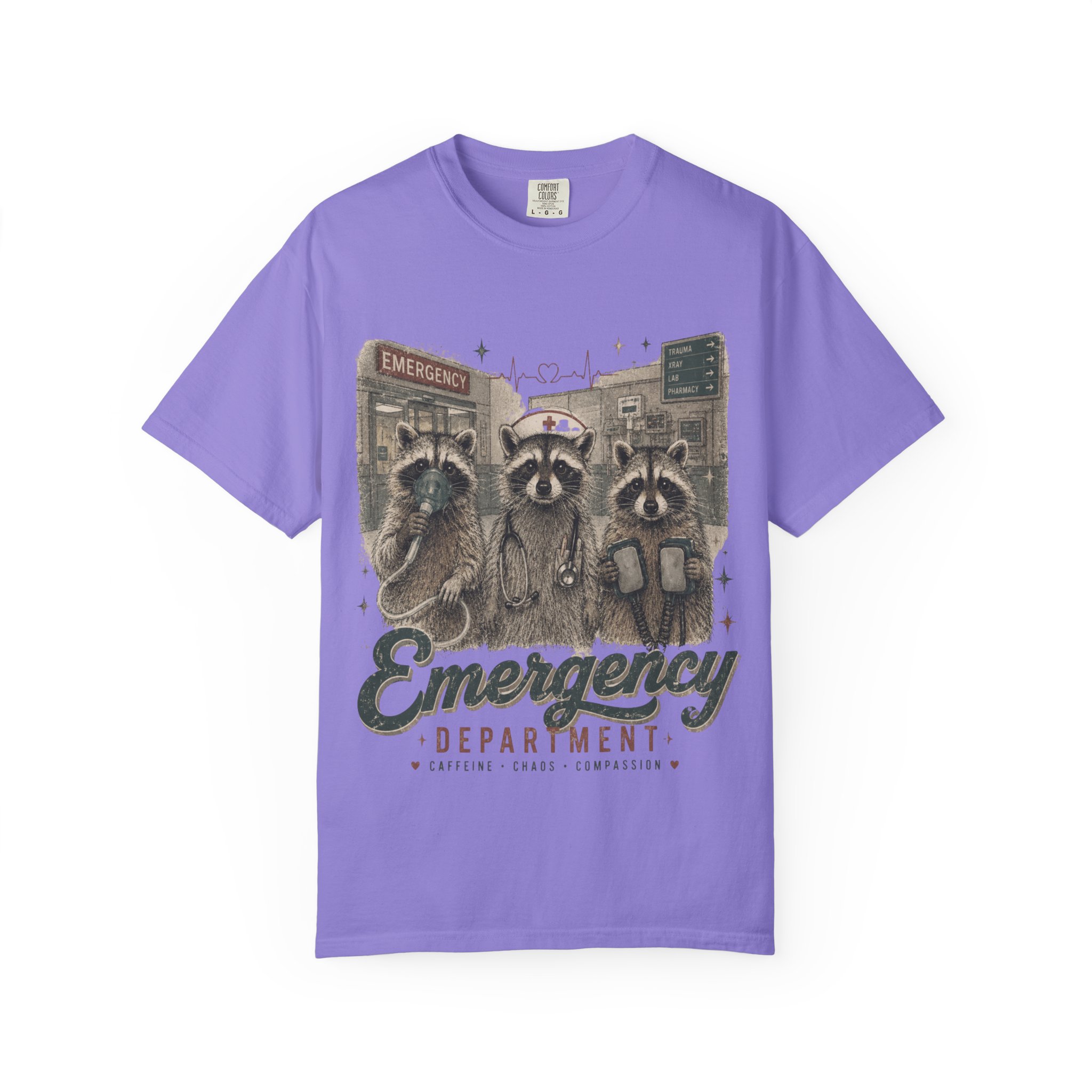 Emergency Department Raccoon Nurse T-Shirt – Funny ER Healthcare Worker Graphic Tee - Image 5