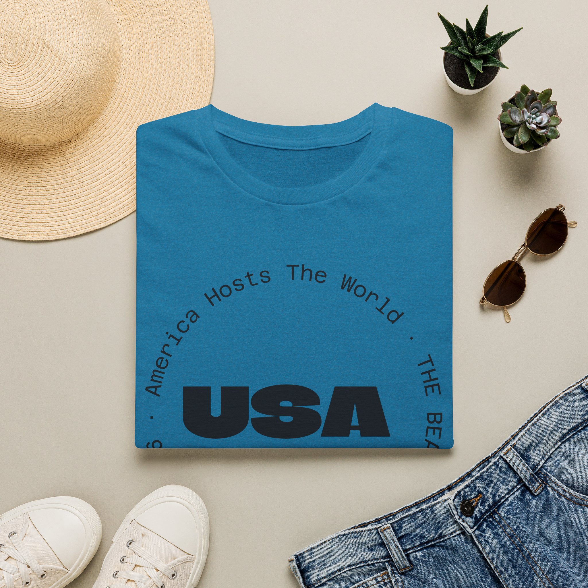 USA Graphic T‑Shirt — 'America Hosts The World' Circular Text Patriotic Tee - Image 22