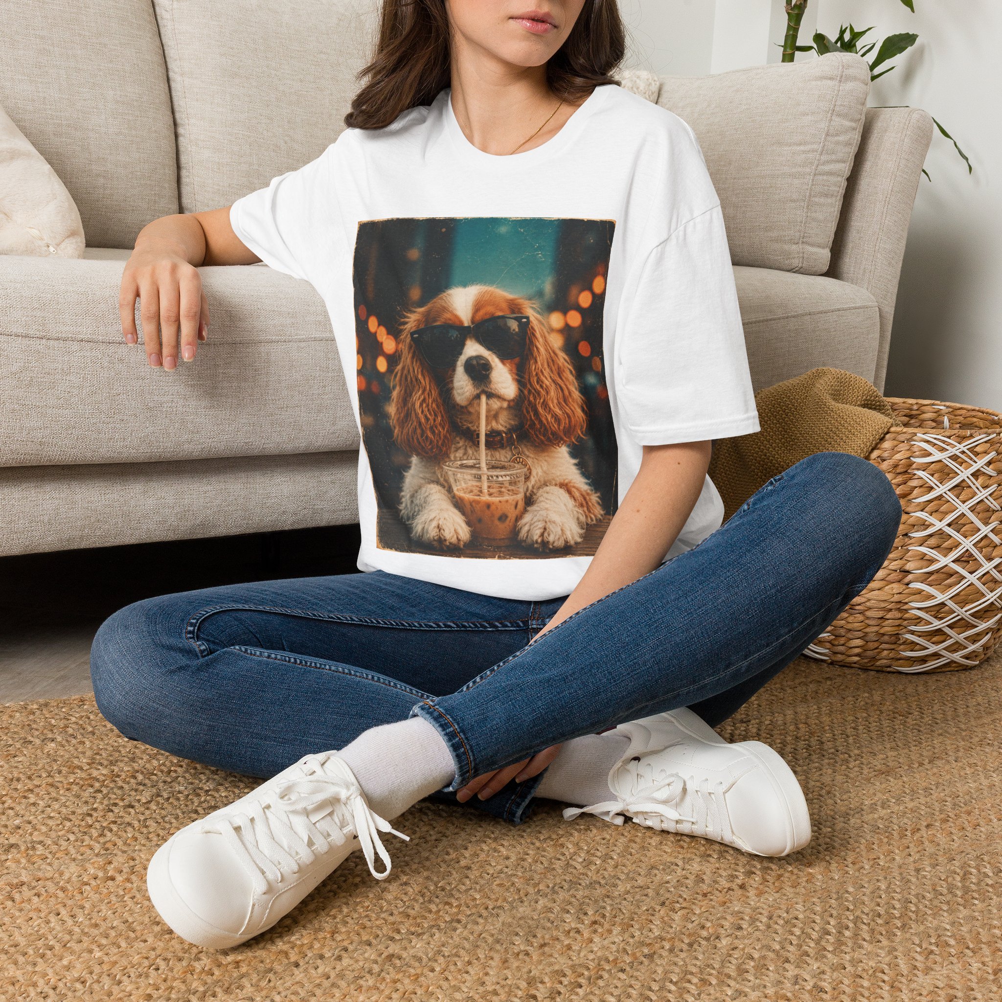 King Charles Spaniel Shirt | Cute Pup Sipping a Straw Graphic Tee - Image 2