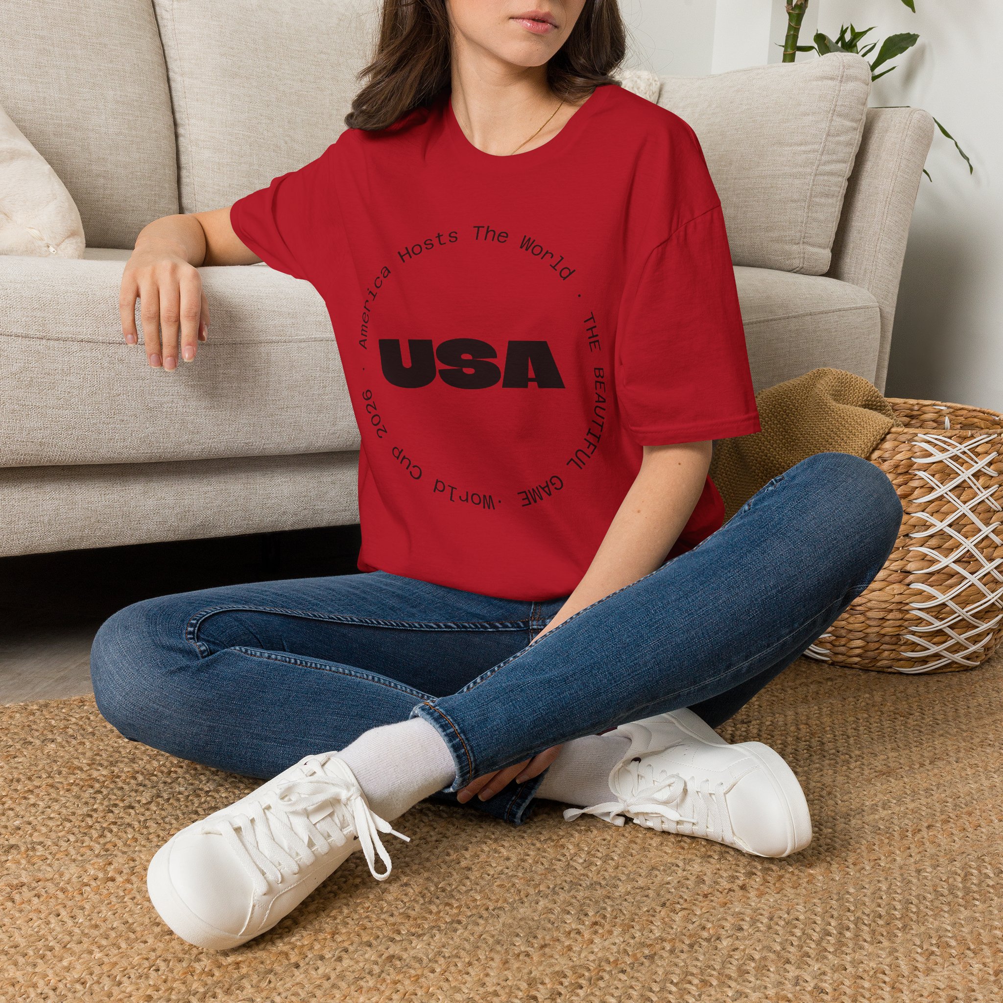 USA Graphic T‑Shirt — 'America Hosts The World' Circular Text Patriotic Tee - Image 35