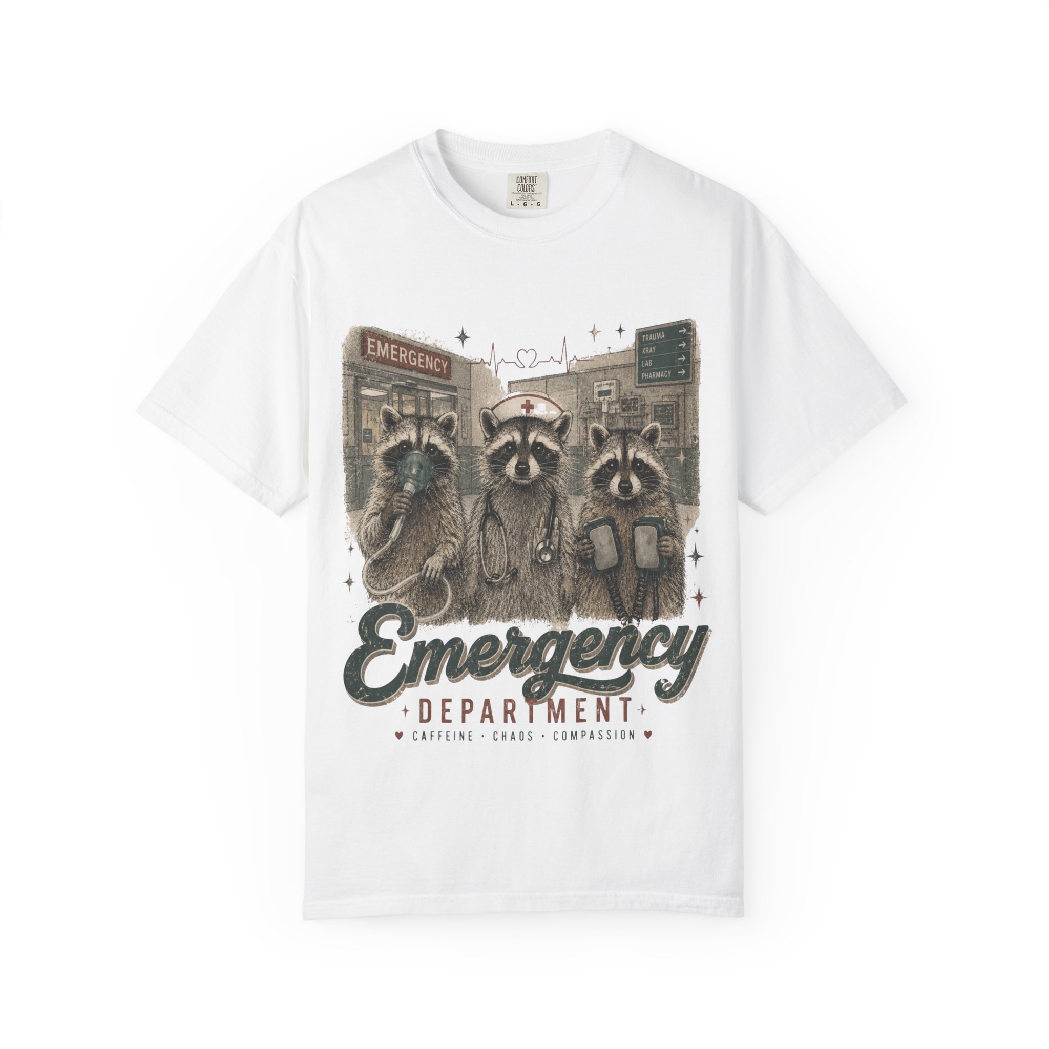 Emergency Department Raccoon Nurse T-Shirt – Funny ER Healthcare Worker Graphic Tee - Image 11