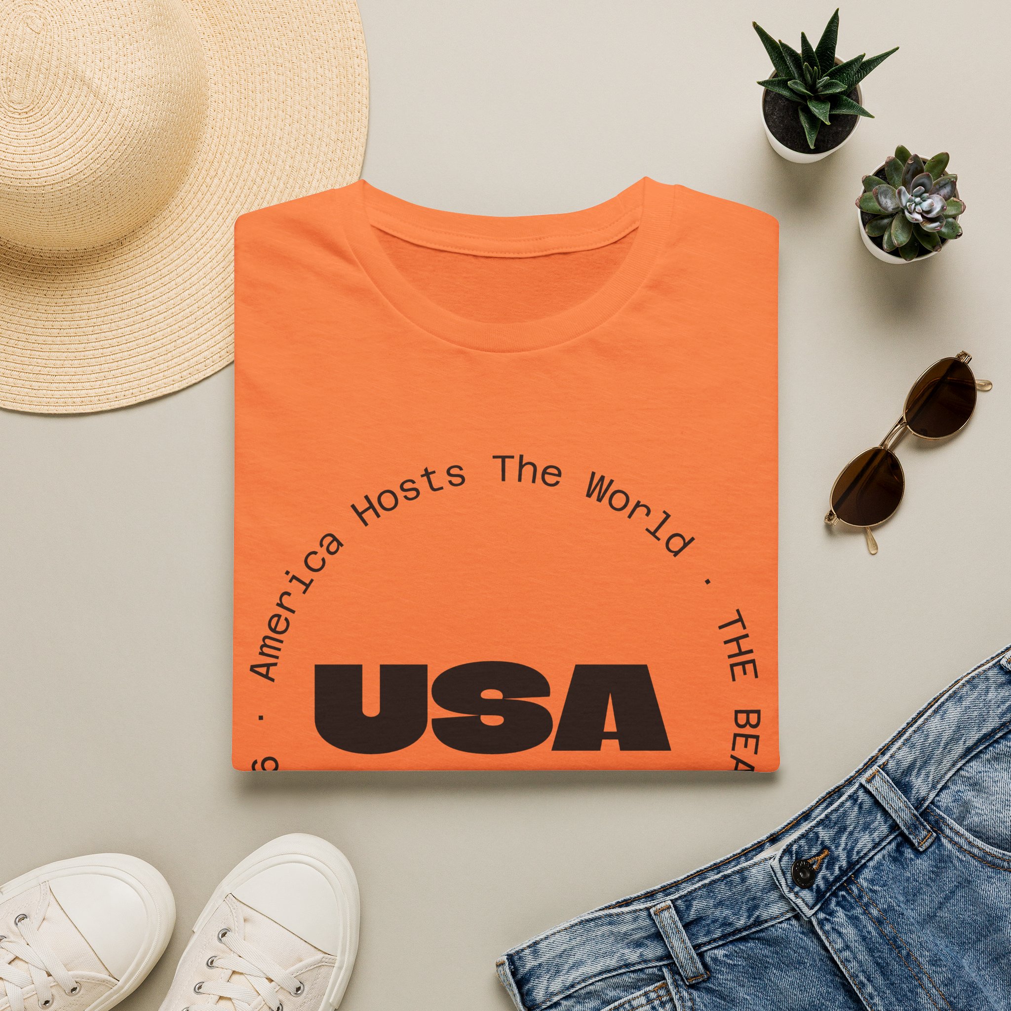 USA Graphic T‑Shirt — 'America Hosts The World' Circular Text Patriotic Tee - Image 6