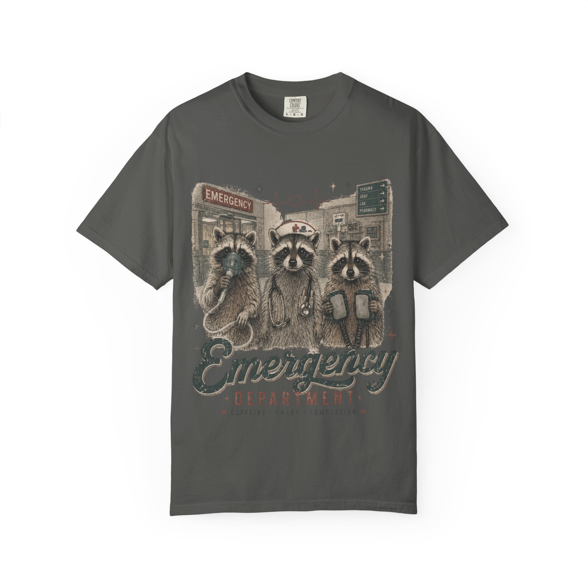 Emergency Department Raccoon Nurse T-Shirt – Funny ER Healthcare Worker Graphic Tee - Image 16