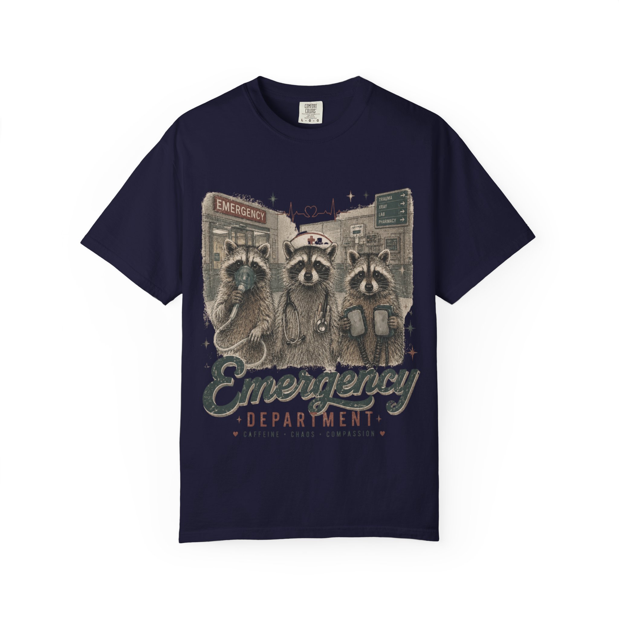 Emergency Department Raccoon Nurse T-Shirt – Funny ER Healthcare Worker Graphic Tee - Image 6