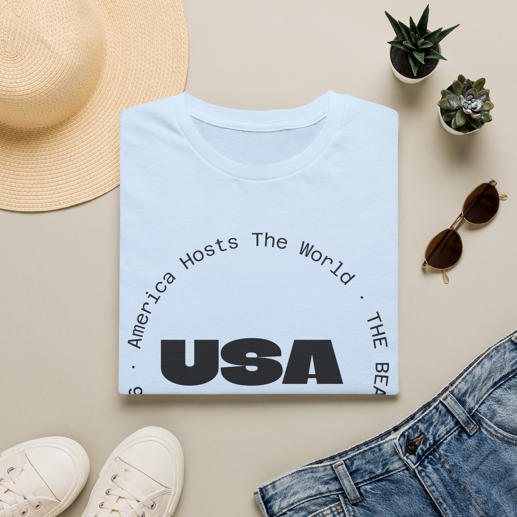 USA Graphic T‑Shirt — 'America Hosts The World' Circular Text Patriotic Tee - Image 18