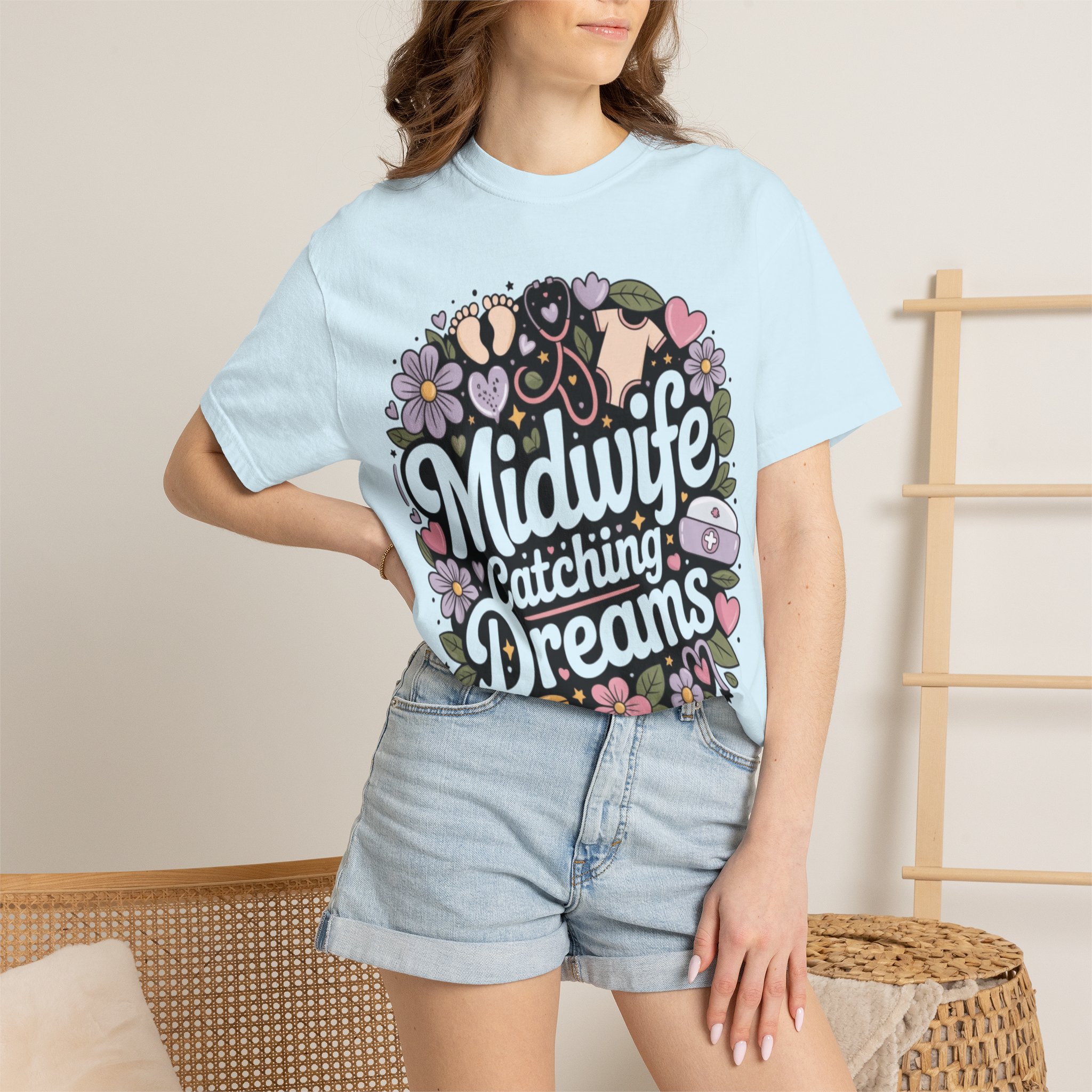 Midwife Catching Dreams T-Shirt — Floral Nurse Midwifery Tee - Image 18