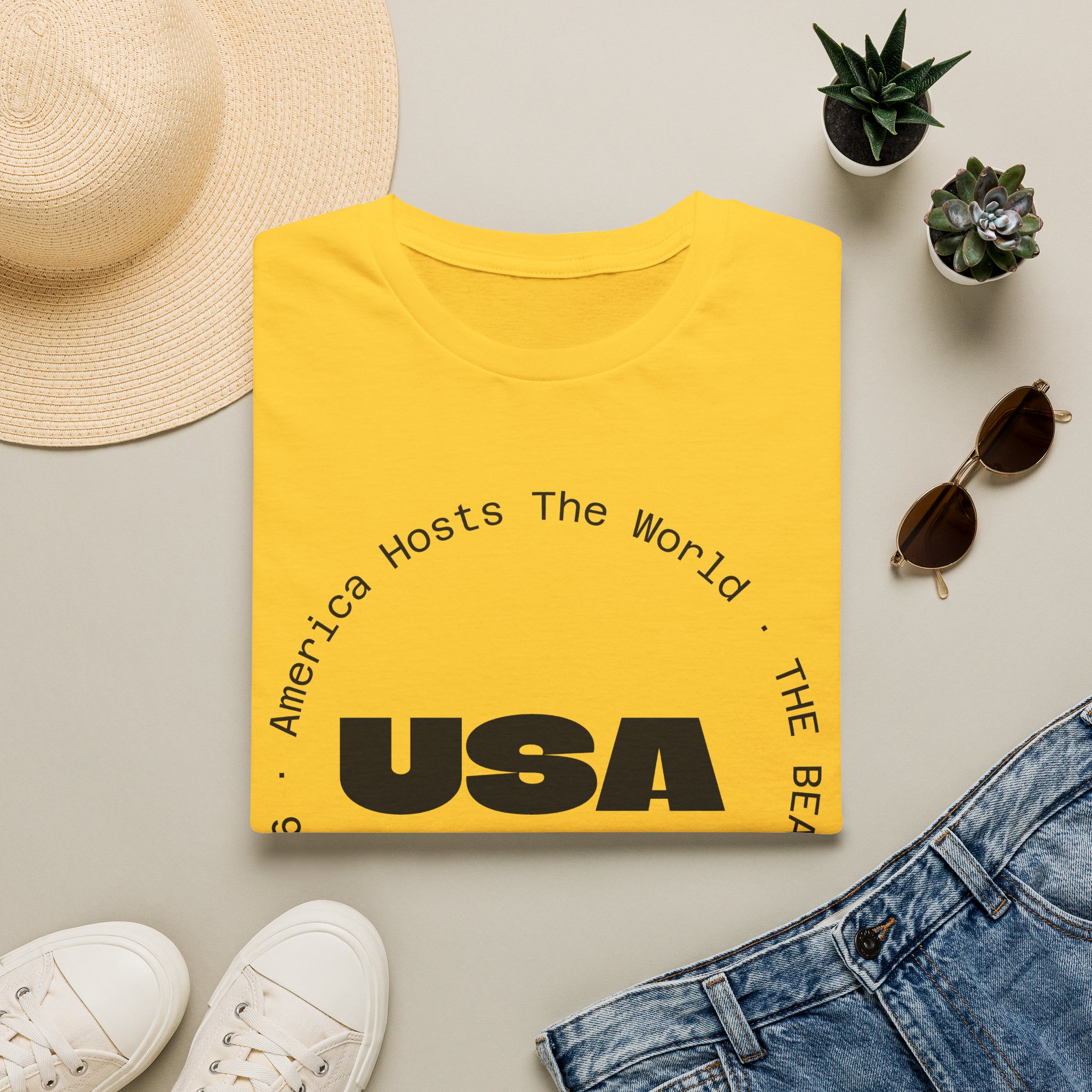 USA Graphic T‑Shirt — 'America Hosts The World' Circular Text Patriotic Tee - Image 14