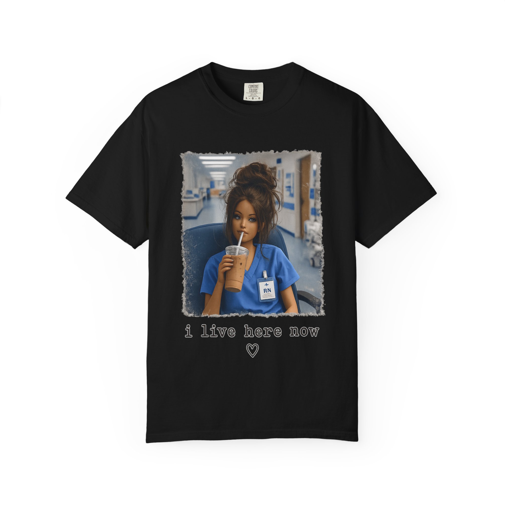 Funny RN Nurse Shirt - I Live Here Now Iced Coffee Comfort Colors Graphic Tee - Image 14