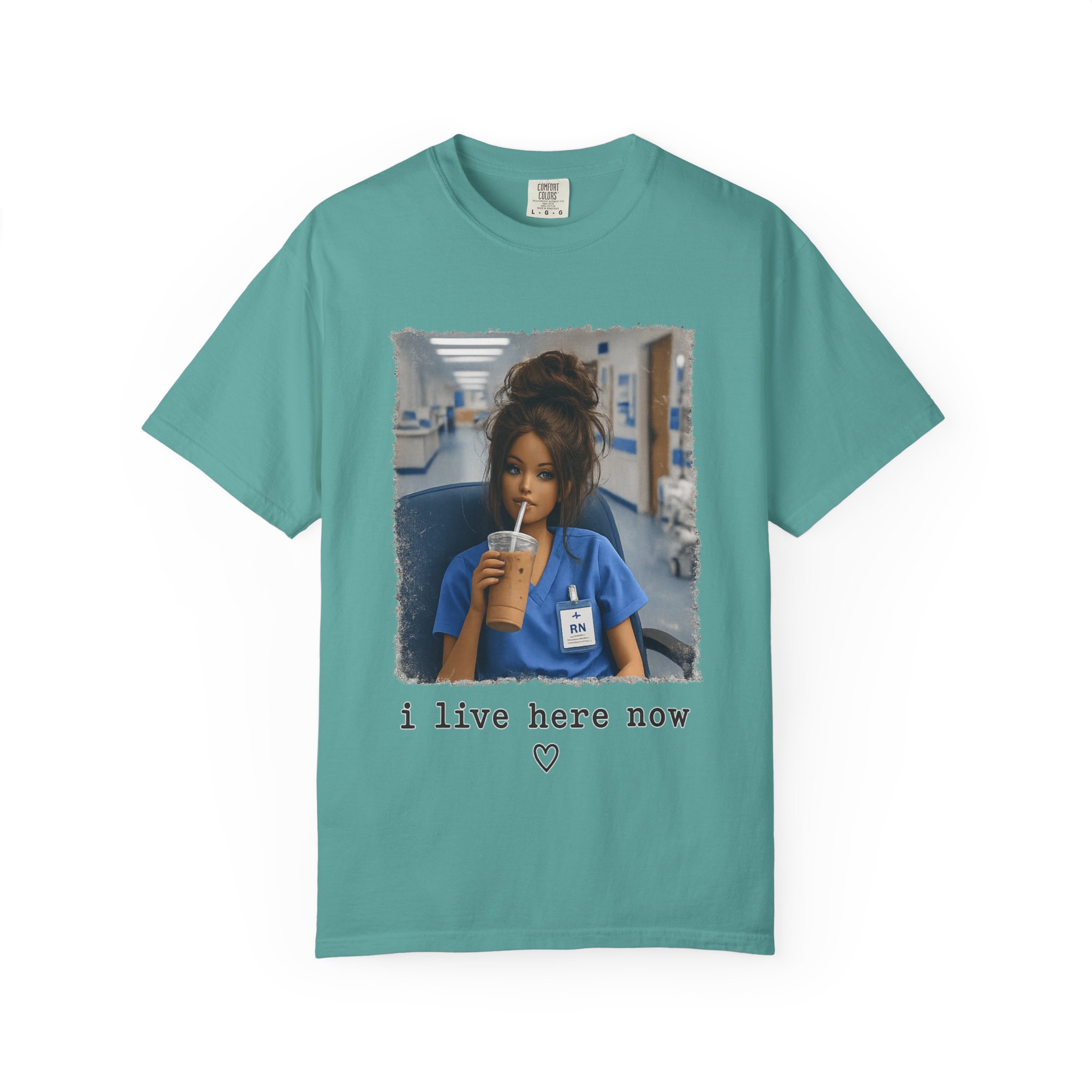 Funny RN Nurse Shirt - I Live Here Now Iced Coffee Comfort Colors Graphic Tee - Image 9
