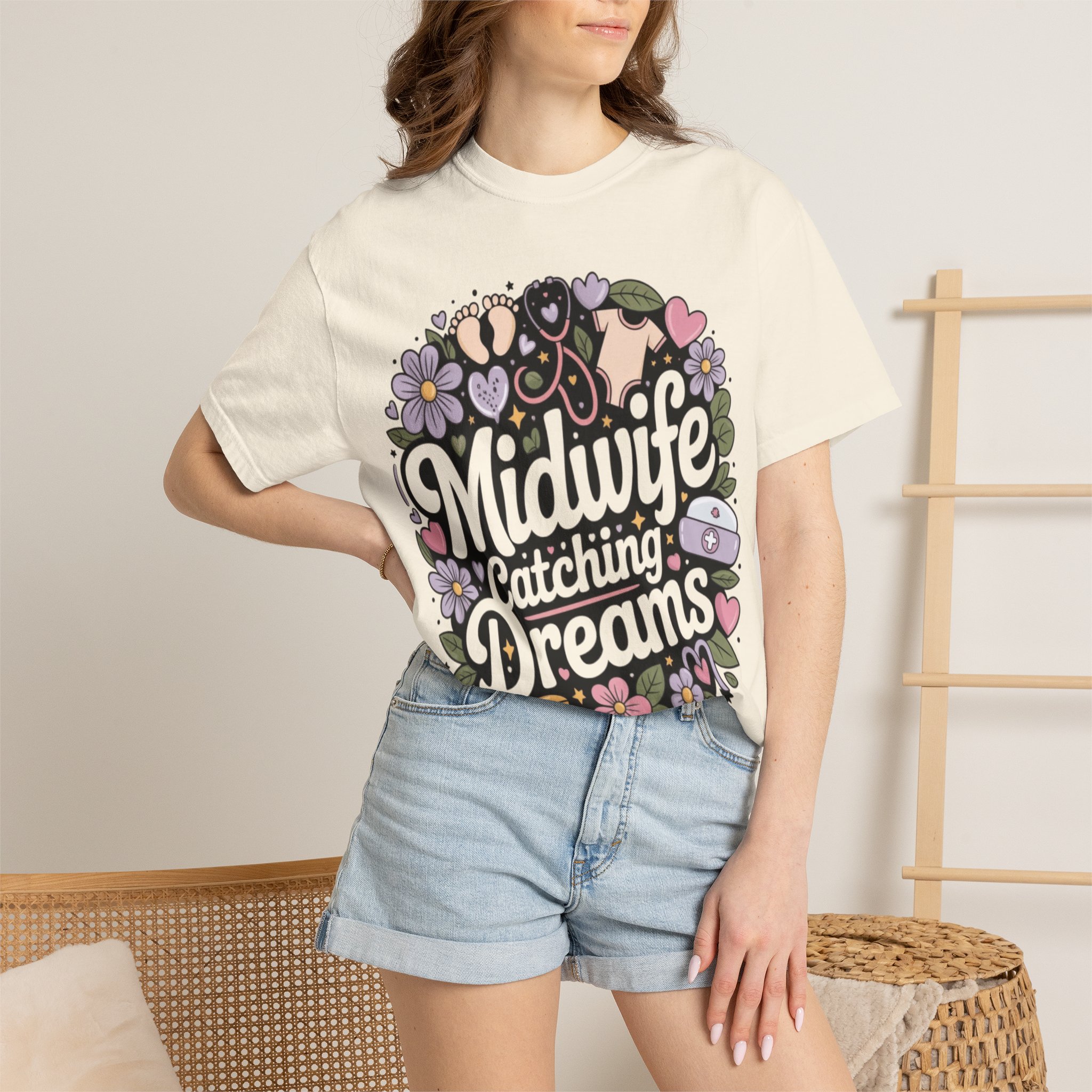 Midwife Catching Dreams T-Shirt — Floral Nurse Midwifery Tee - Image 9