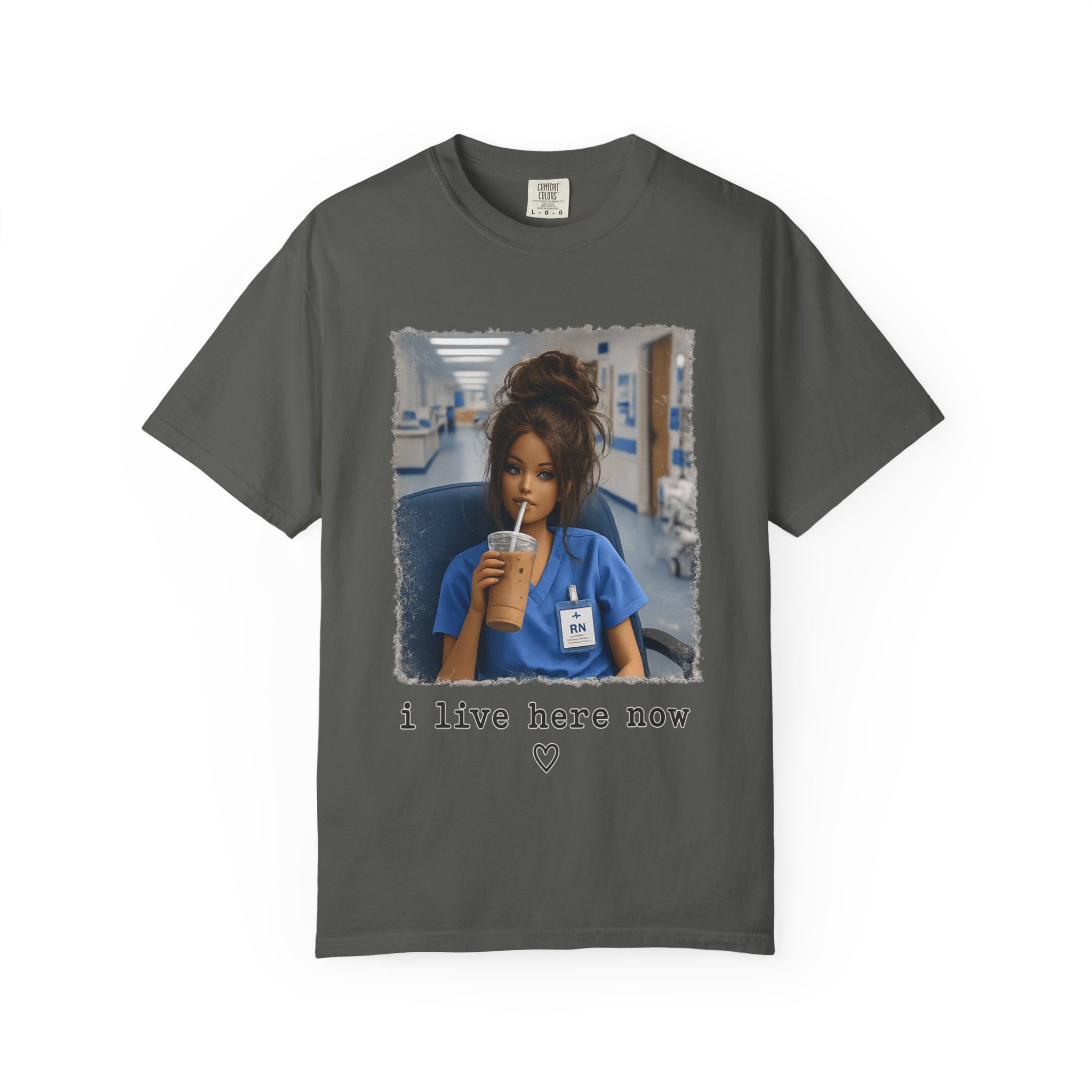 Funny RN Nurse Shirt - I Live Here Now Iced Coffee Comfort Colors Graphic Tee - Image 6