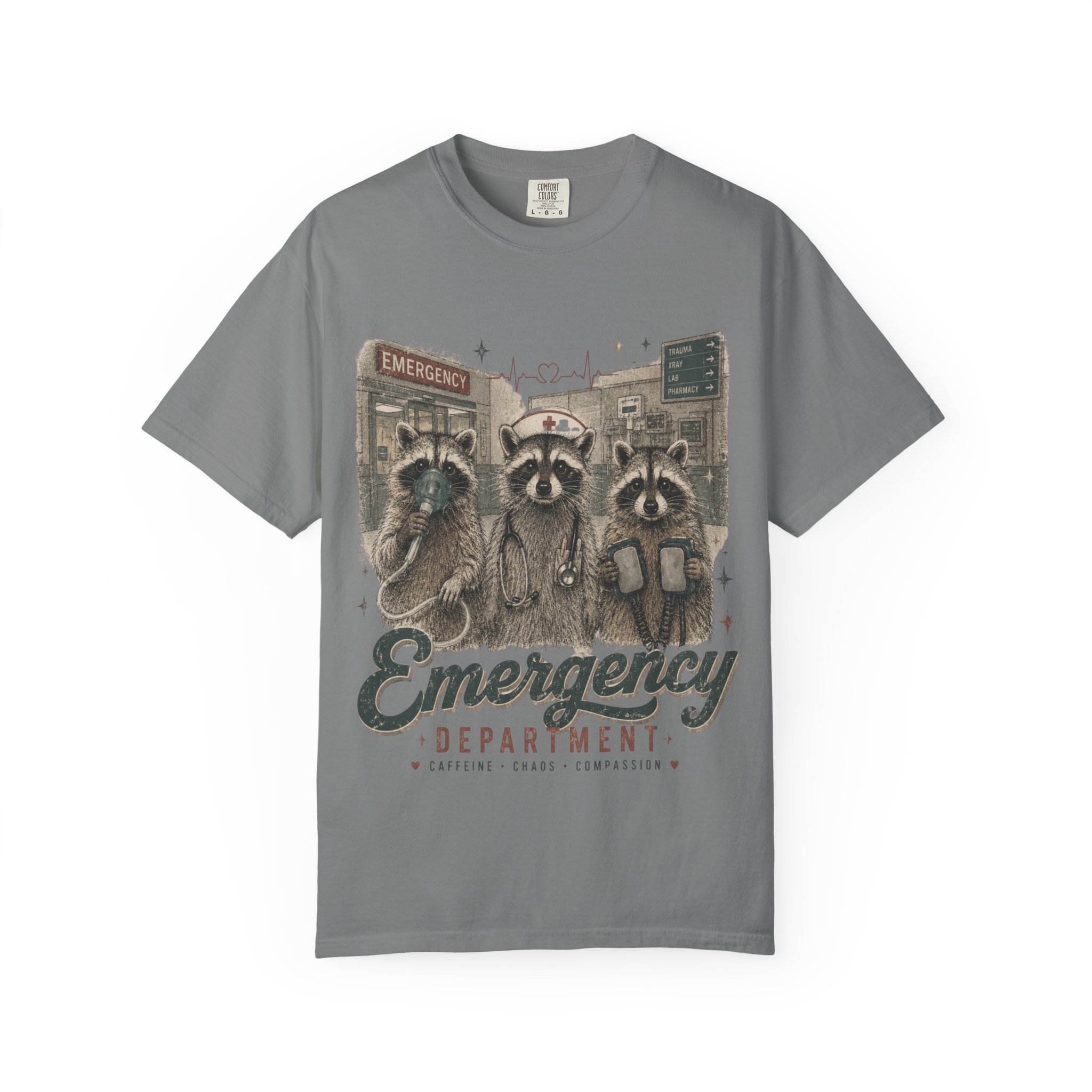 Emergency Department Raccoon Nurse T-Shirt – Funny ER Healthcare Worker Graphic Tee - Image 17