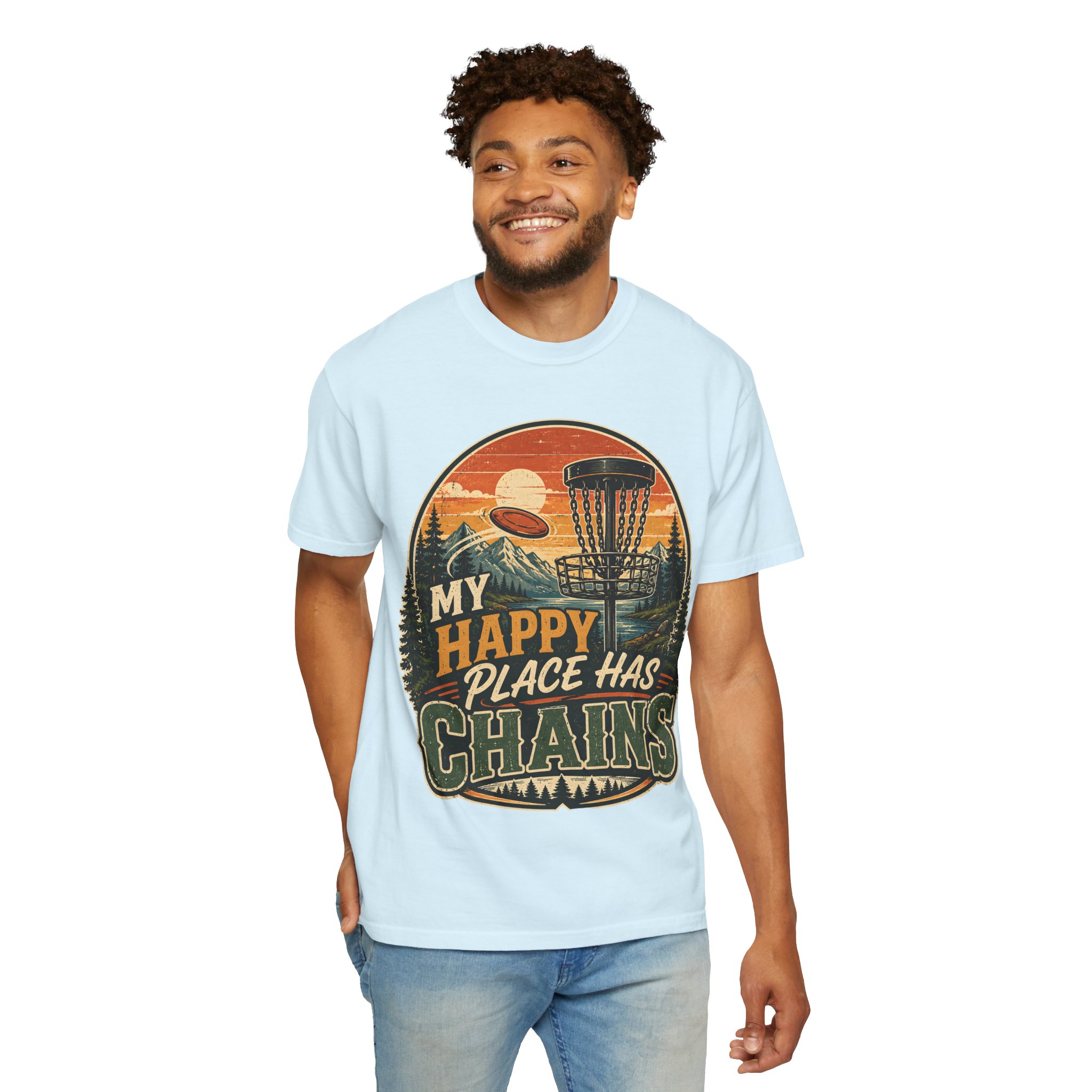Disc Golf T-Shirt — “My Happy Place Has Chains” Vintage Outdoor Tee - Image 12