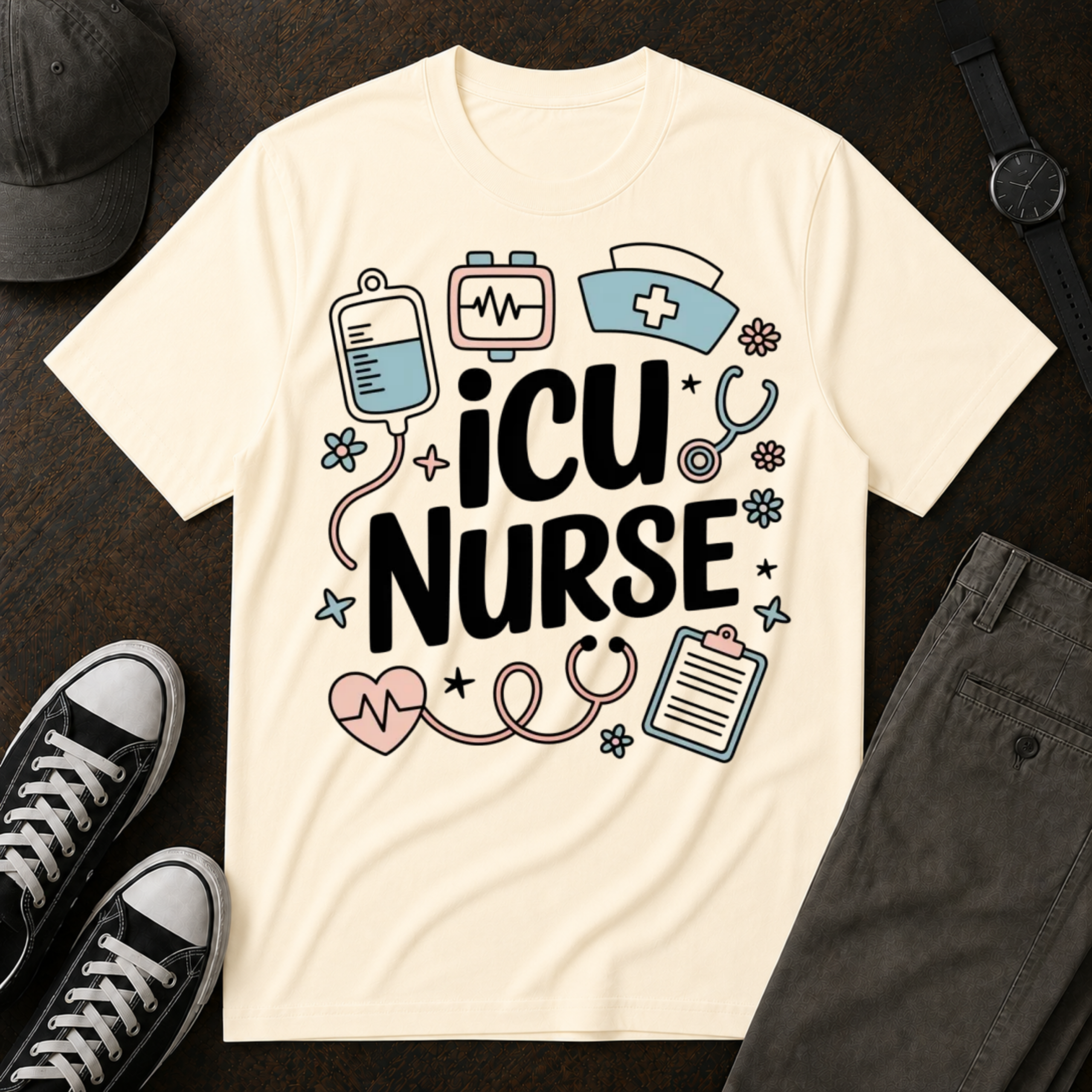 ICU Nurse T-Shirt - Cute Medical Icons Gift for Nurses
