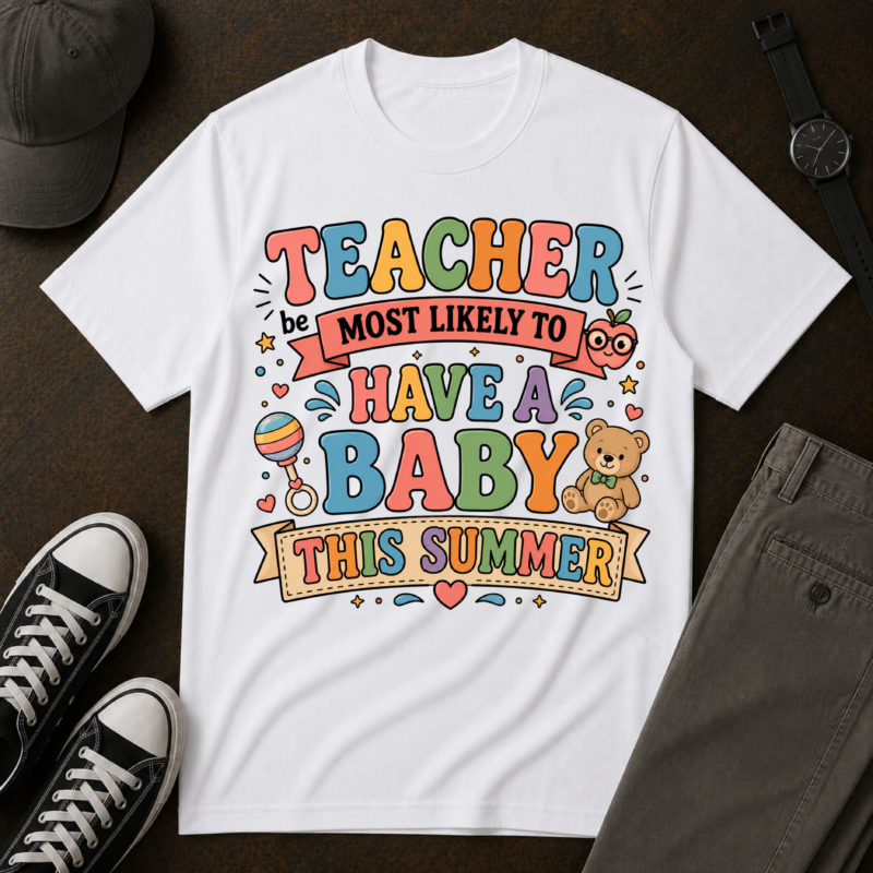 T-Shirt - "Teacher Most Likely to Have a Baby This Summer" Cute Pregnancy Announcement Tee