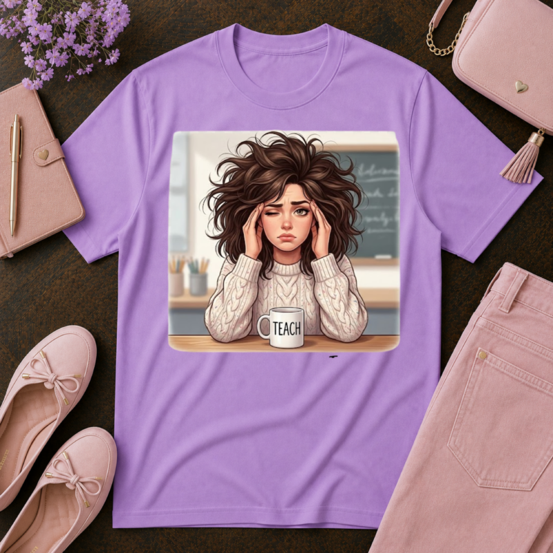 Teacher Life T‑Shirt – Stressed Teacher Illustration with 'I Teach' Mug