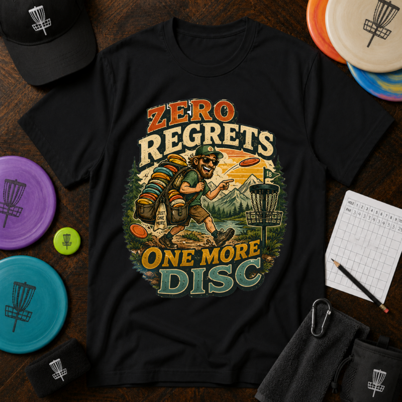 Disc Golf T-Shirt — “Zero Regrets, One More Disc” Retro Graphic