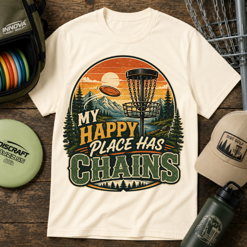 Disc Golf T-Shirt — “My Happy Place Has Chains” Vintage Outdoor Tee