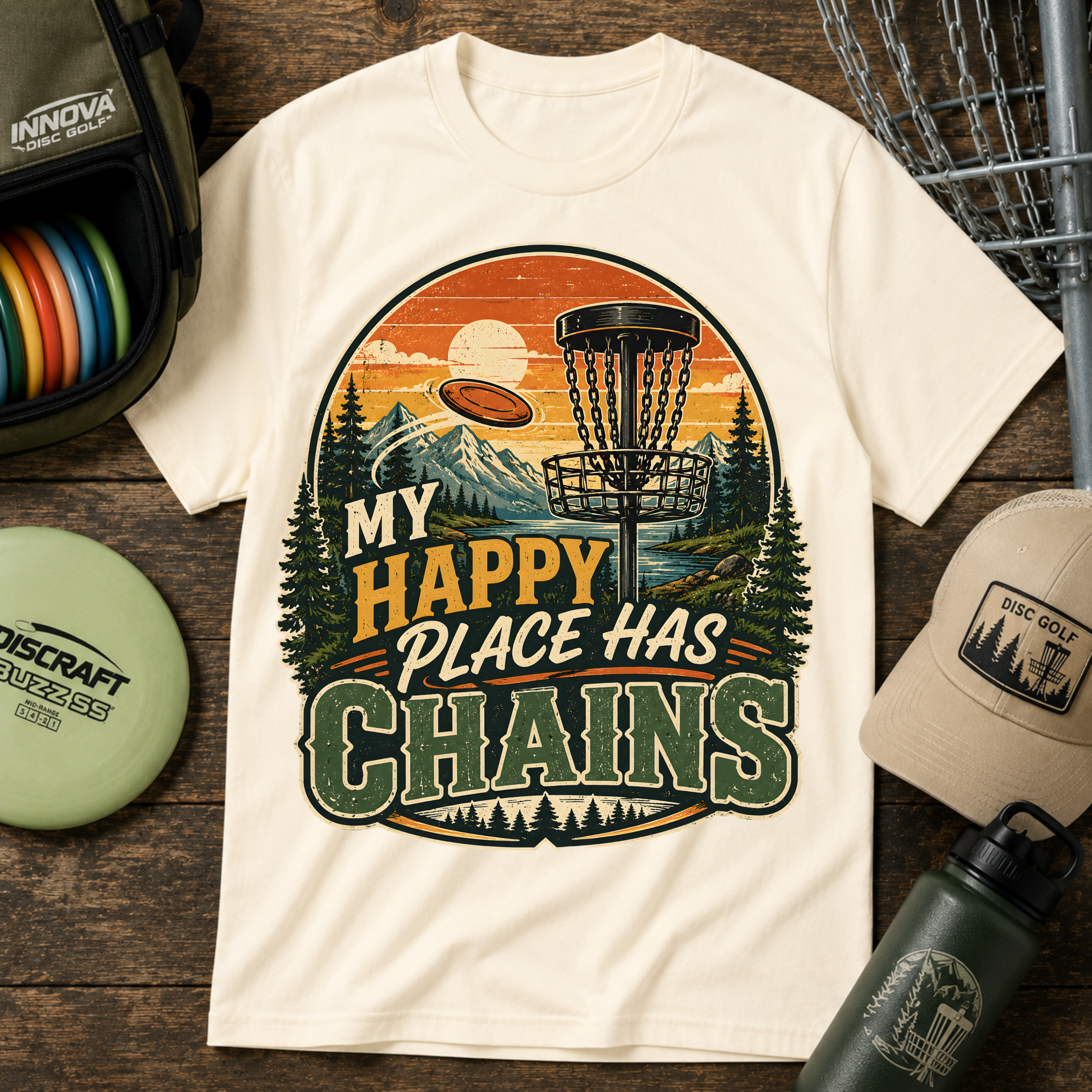 Disc Golf T-Shirt — “My Happy Place Has Chains” Vintage Outdoor Tee