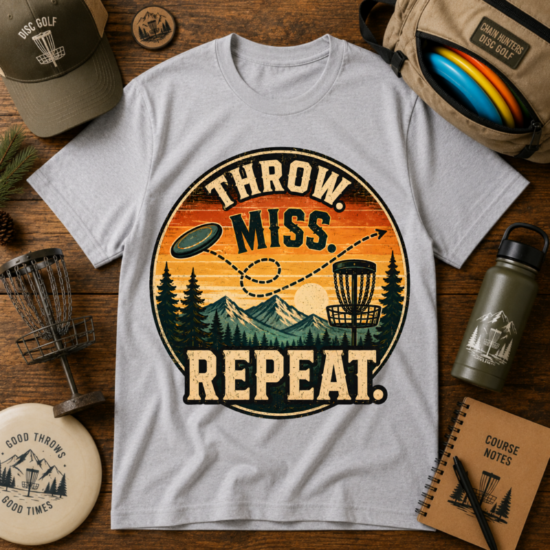 Disc Golf T-Shirt | “Throw. Miss. Repeat.” Vintage Outdoor Tee